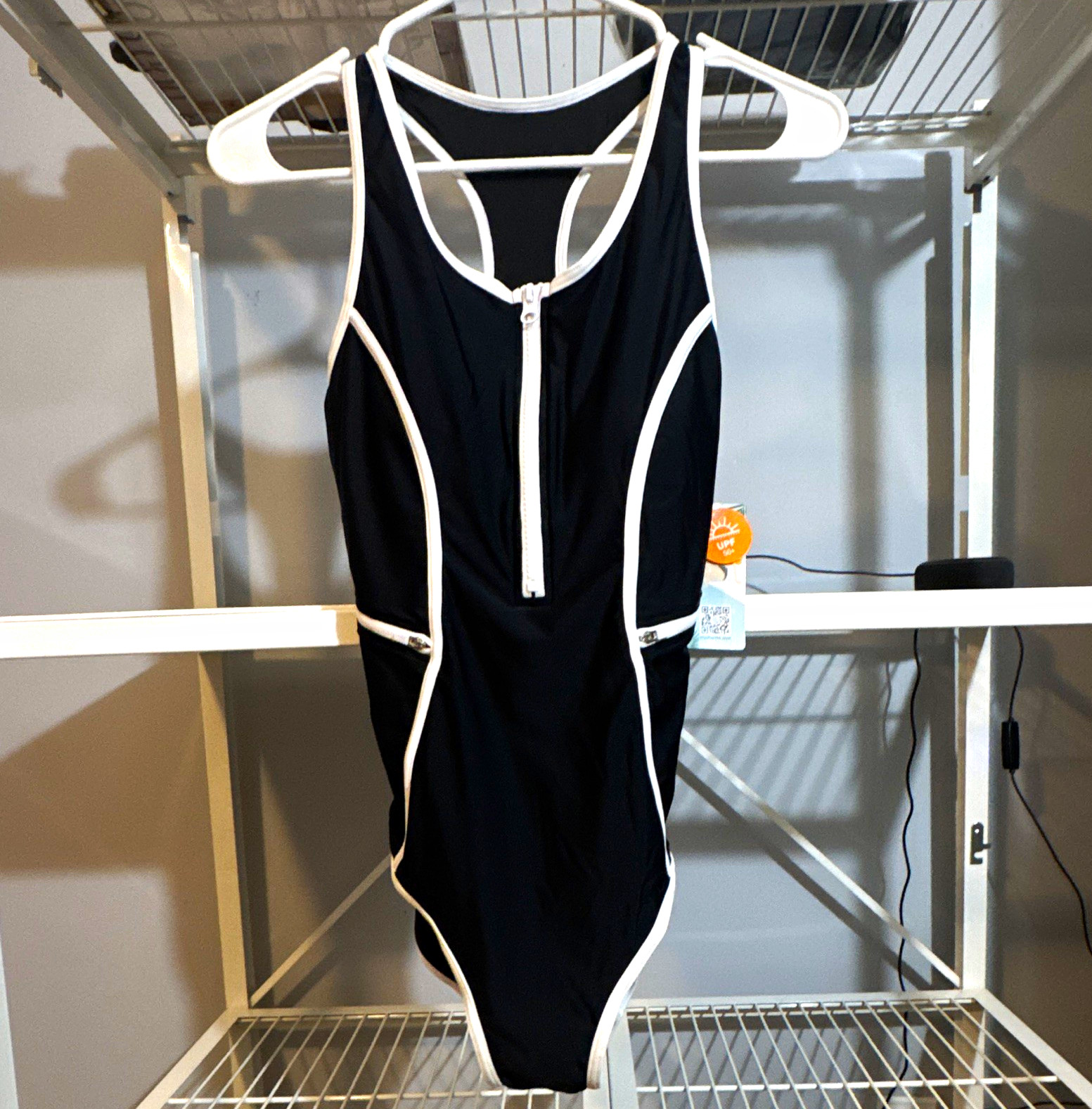 Charmo Womens Black/White Trim Zip Front Racerback One Piece Swimsuit S UPF50+