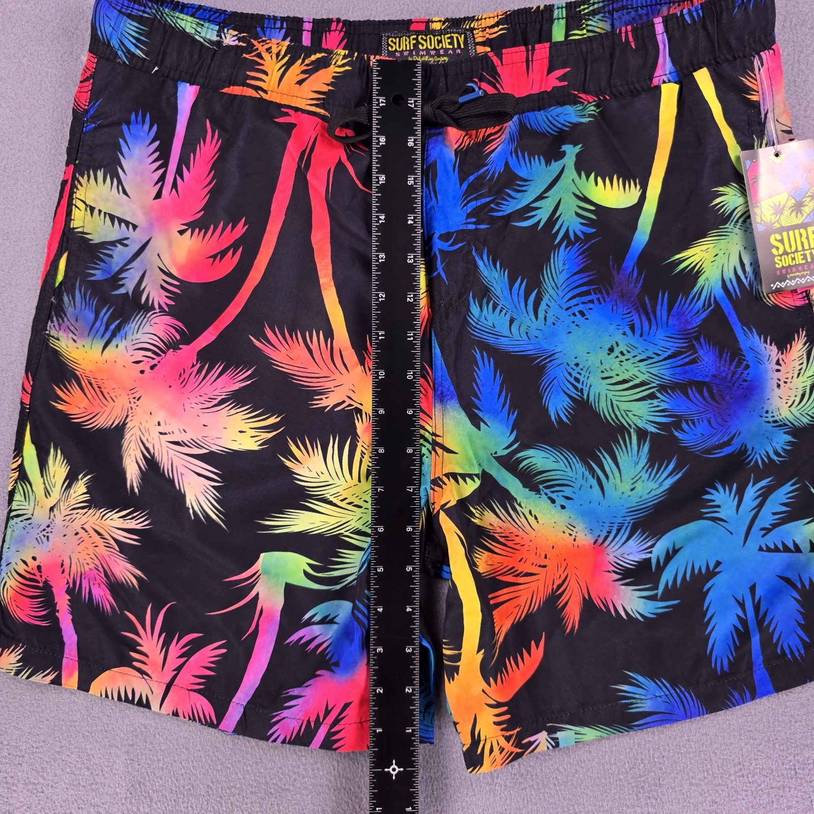 New Surf Society Swim Trunks Men’s Large Rainbow Palm Trees Black Shorts Pride