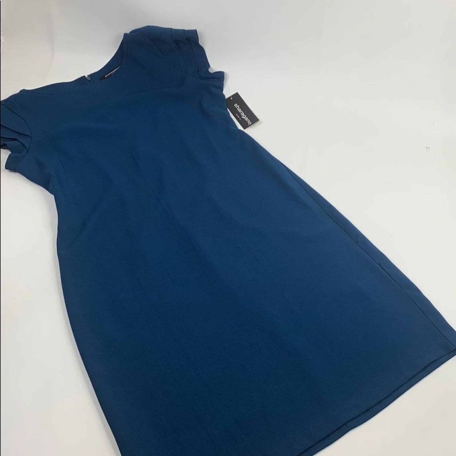 Sharagano Dark Marine Blue Cap ruffle sleeve Dress Size 8 Zip up New with tags