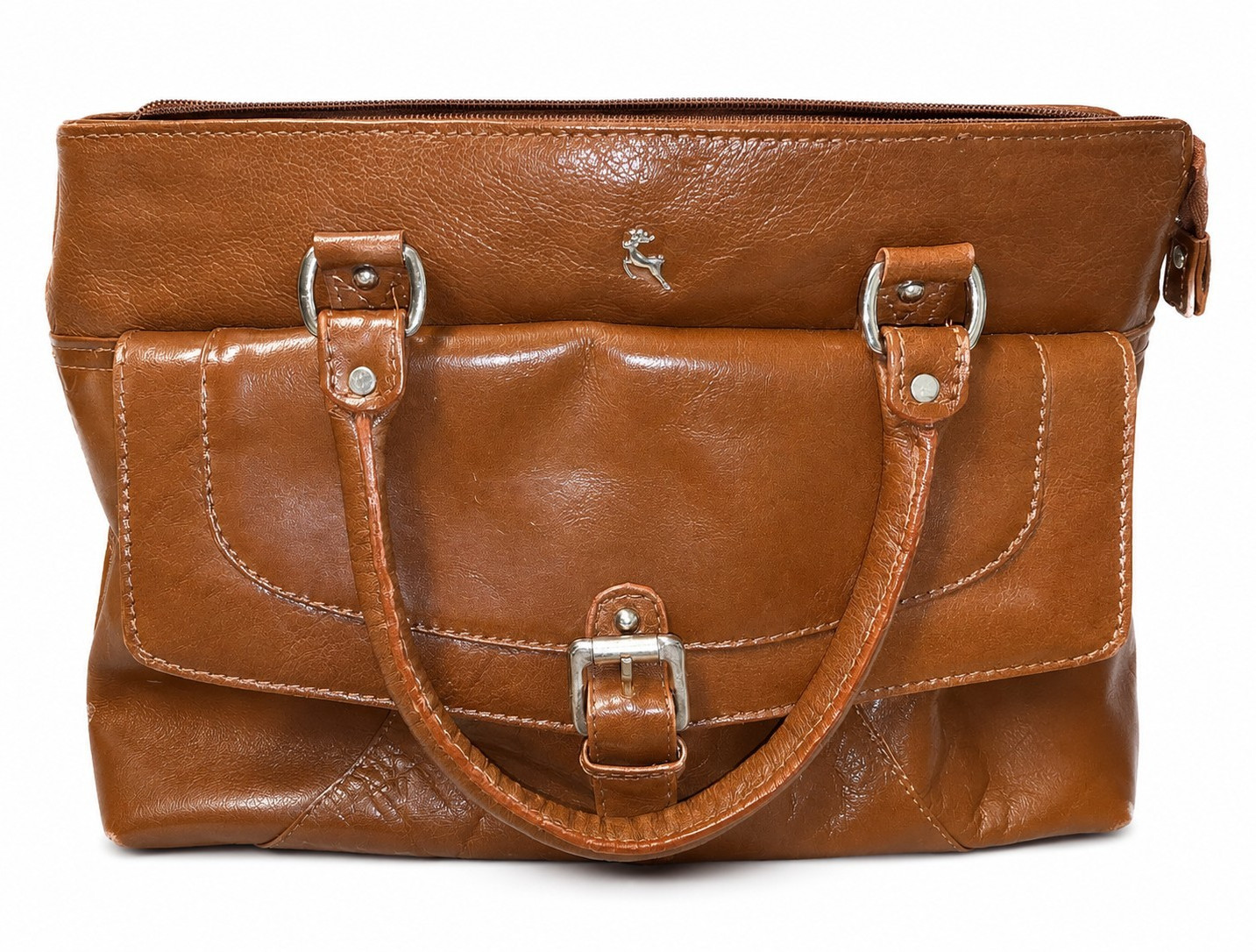 Women’s Brown Solid Satchel Top Handle Bag Buckle & Zip Closure Silver Hardware