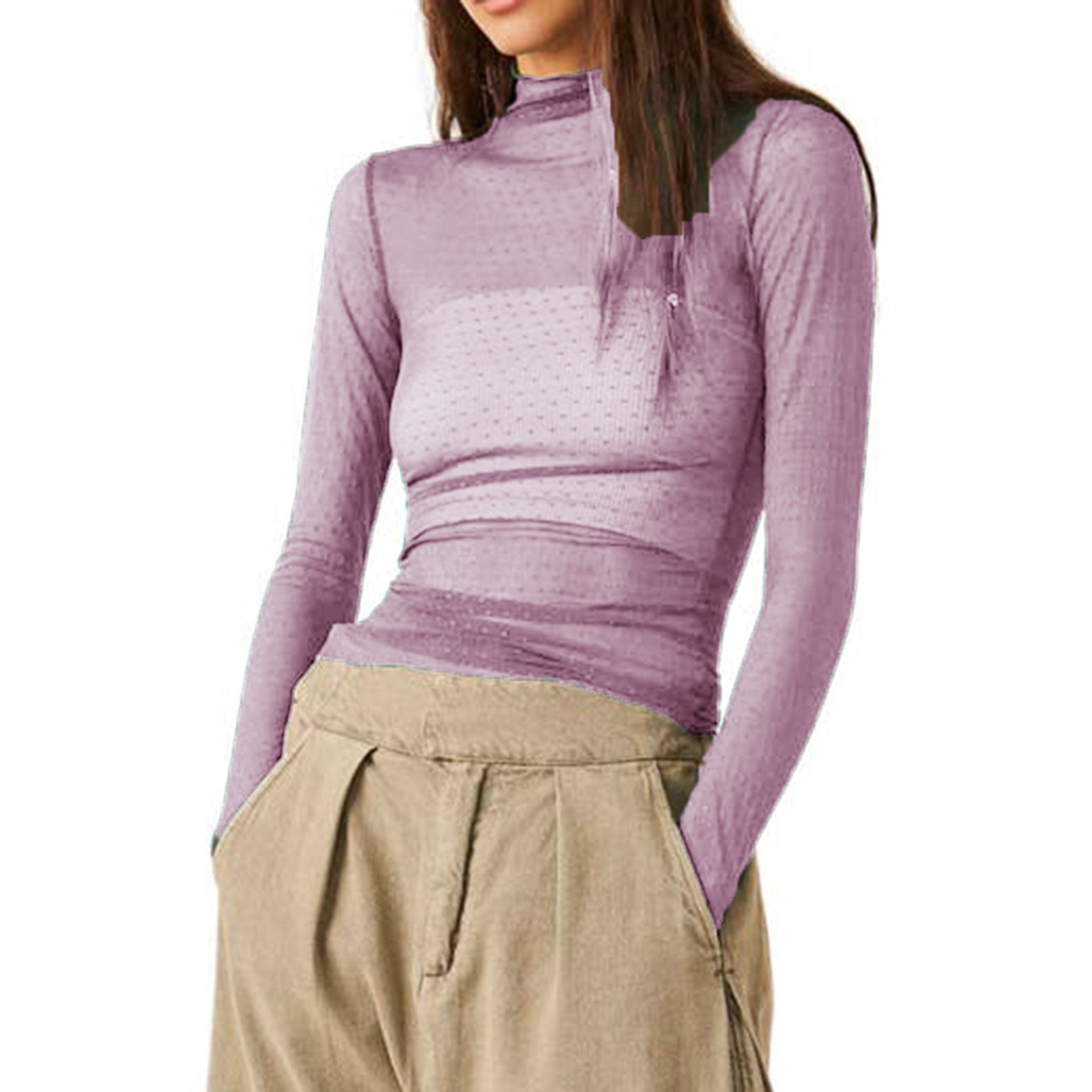 Women Sheer Mesh T-Shirts Mock Neck Long Sleeve Crop Tops Retro See Through