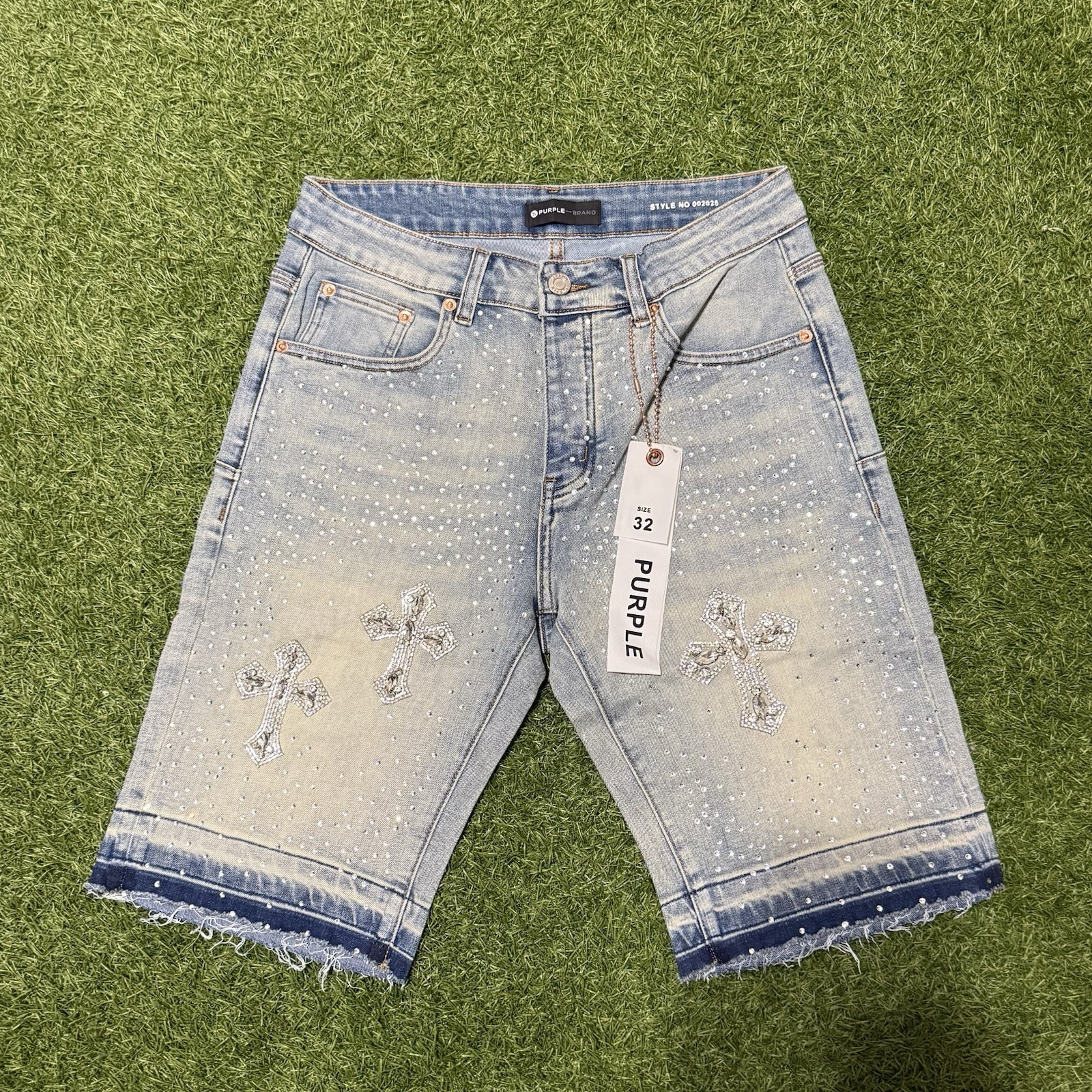Purple Brand Rhinestone Denim Shorts | Studded Cross Design Raw Hem | Size 32