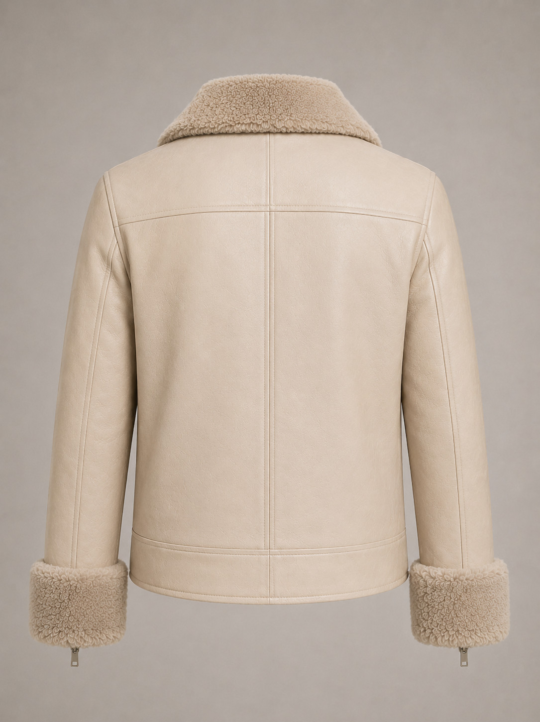 Mens Cream Leather Jacket – Shearling Collar – Biker Moto Slim Fit – Winter Coat