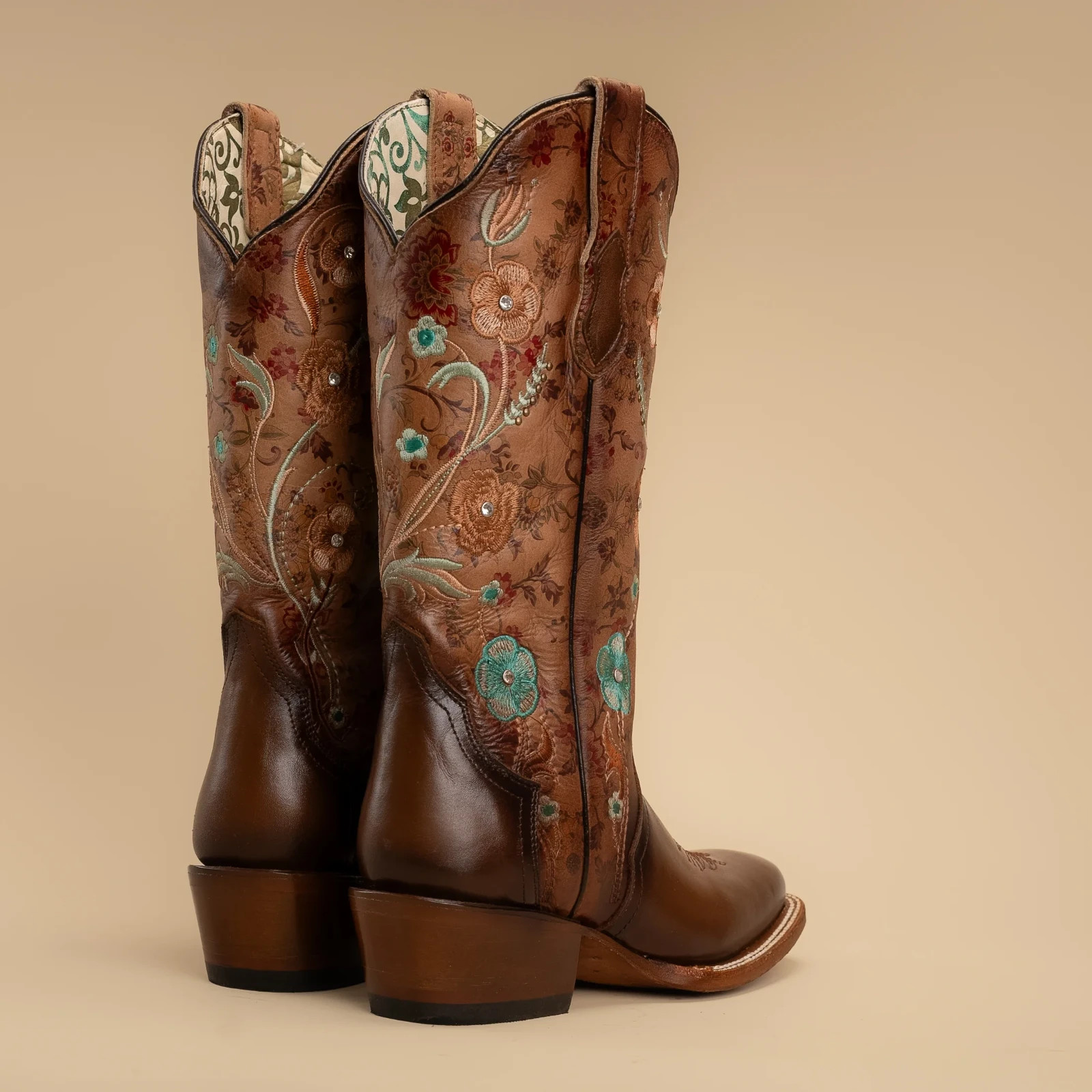 Women’s Rodeo Espresso Brown Turquoise Floral Embroidery Western Cowgirl Boots