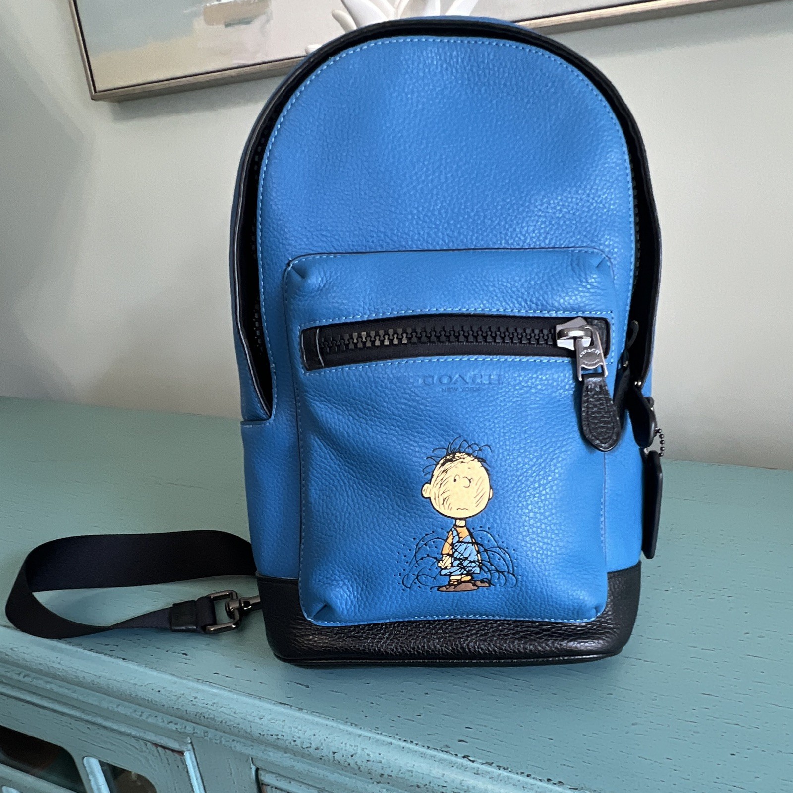 Coach Peanuts Snoopy Small Blue/Black Crossbody Bag Zip, Adjustable Strap
