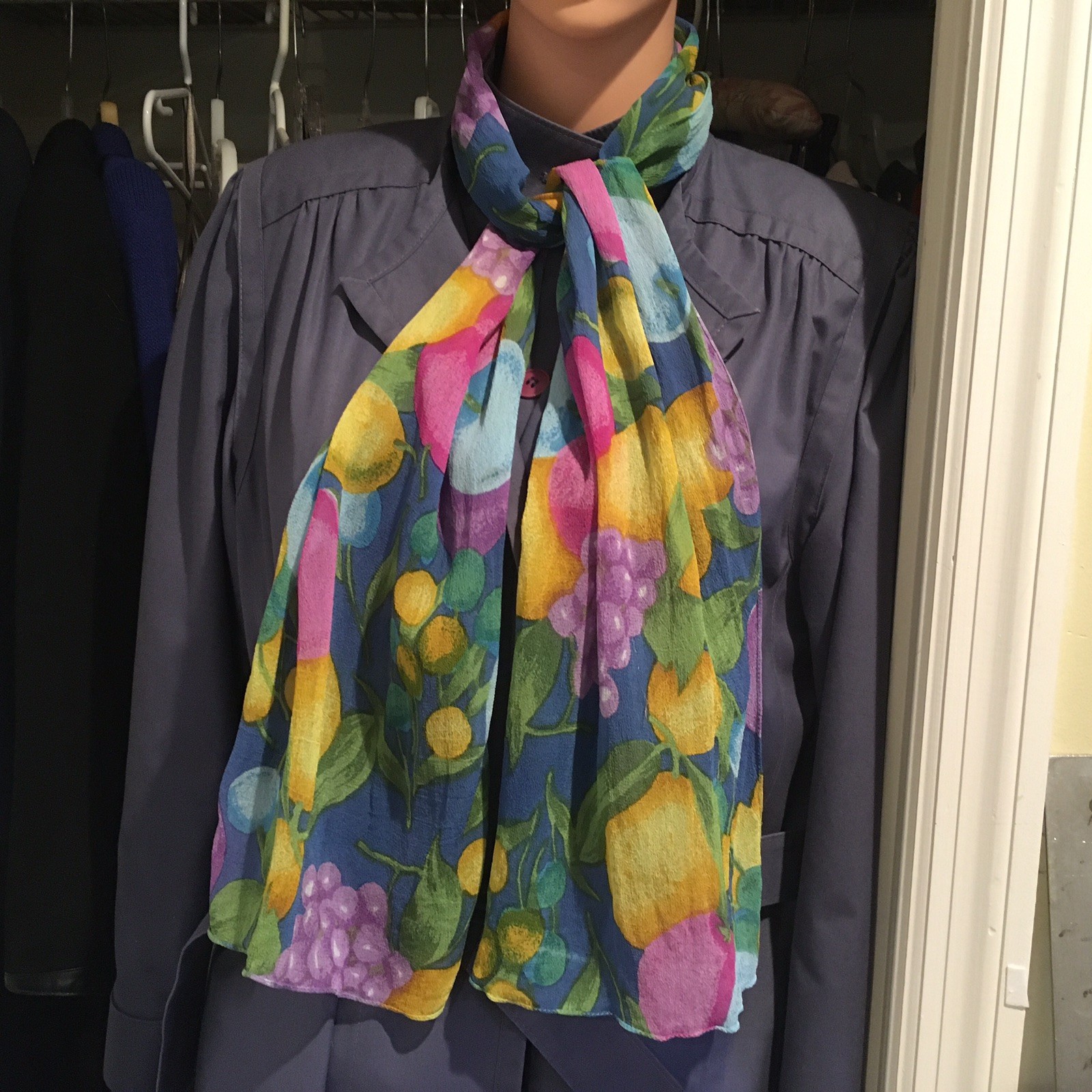 Barr & Beards Multi Colored Rayon Scarf, Fruit & Florals 58” X 11” Rayon Chiffon