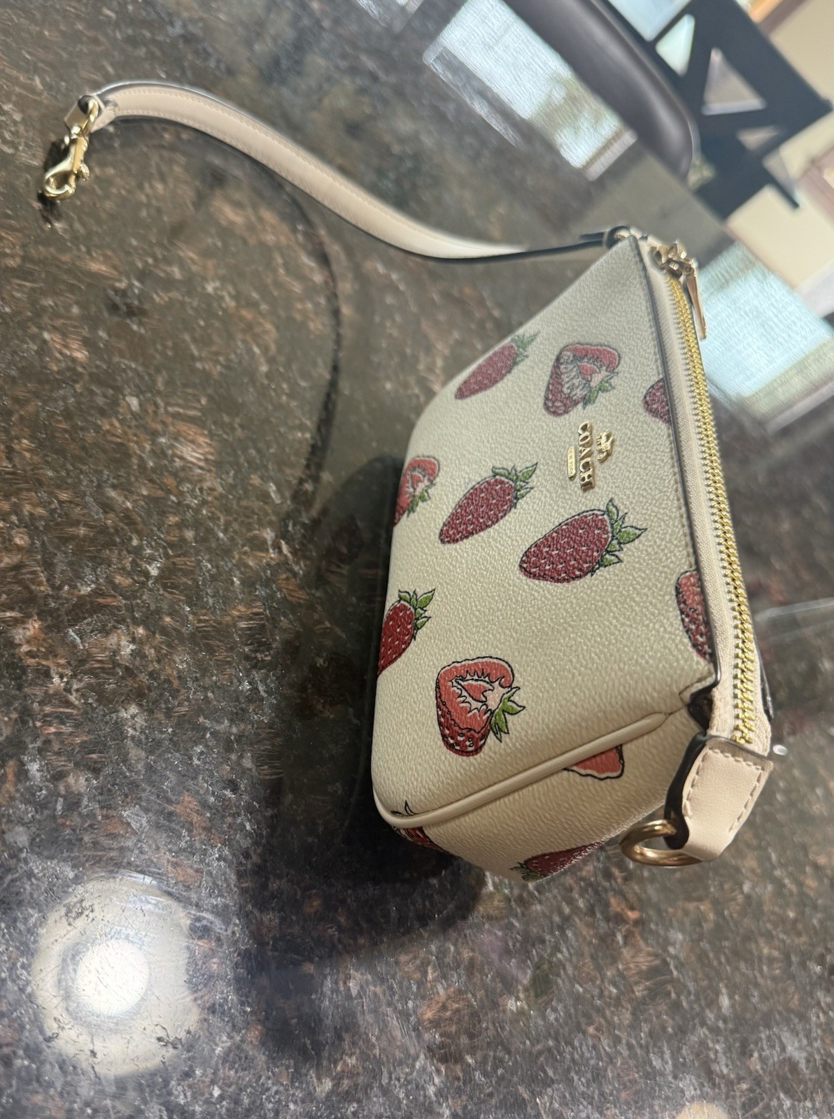Coach Strawberry Print Zip Baguette Top Handle Bag w/ Detachable Strap