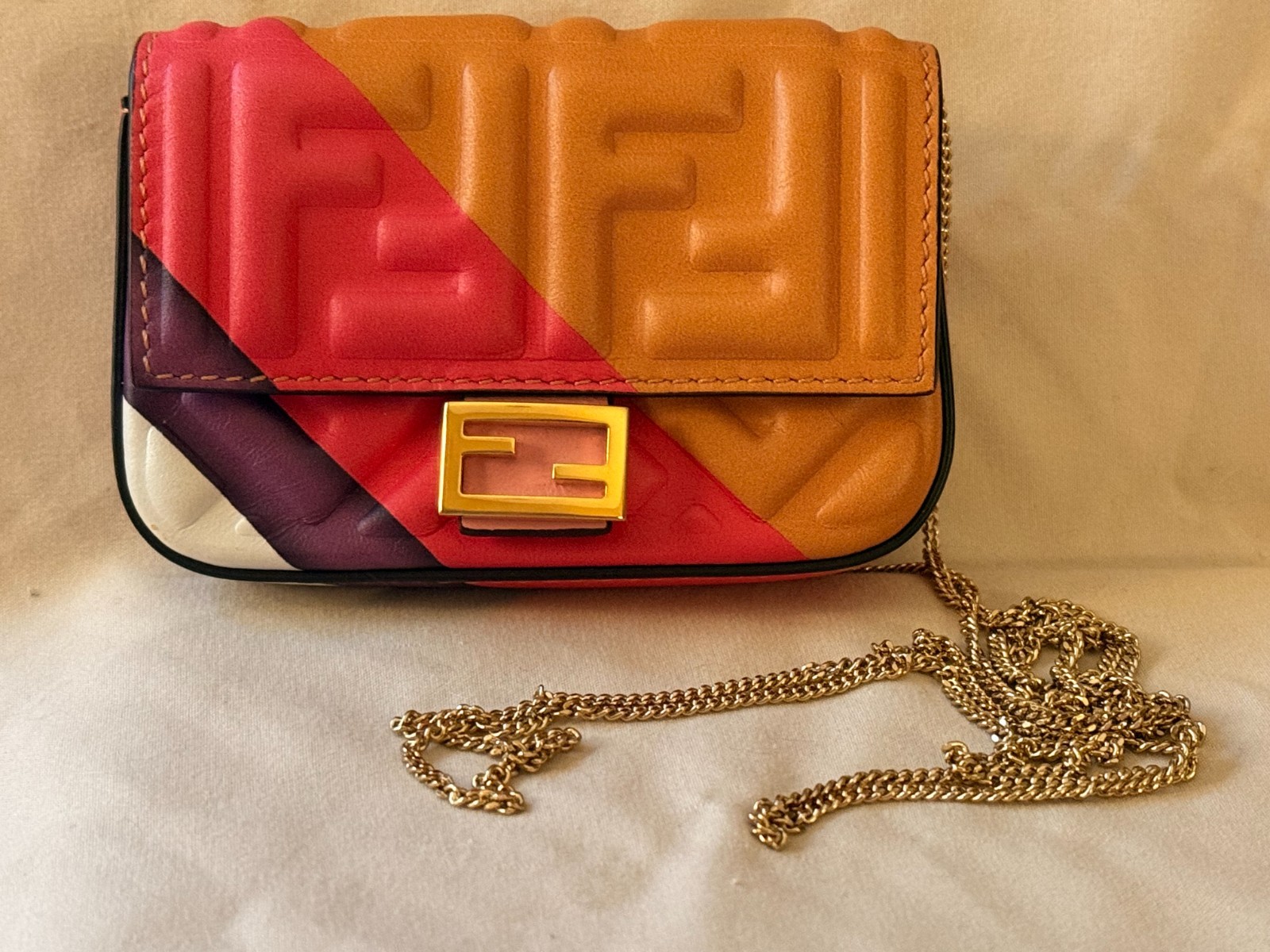 Fendi Multi-Color FF Embossed Nano Baguette Charm Bag With Chain
