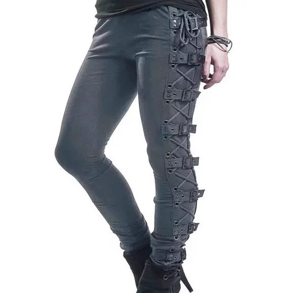 High-stretch punk-style women’s trousers with side lace-up details
