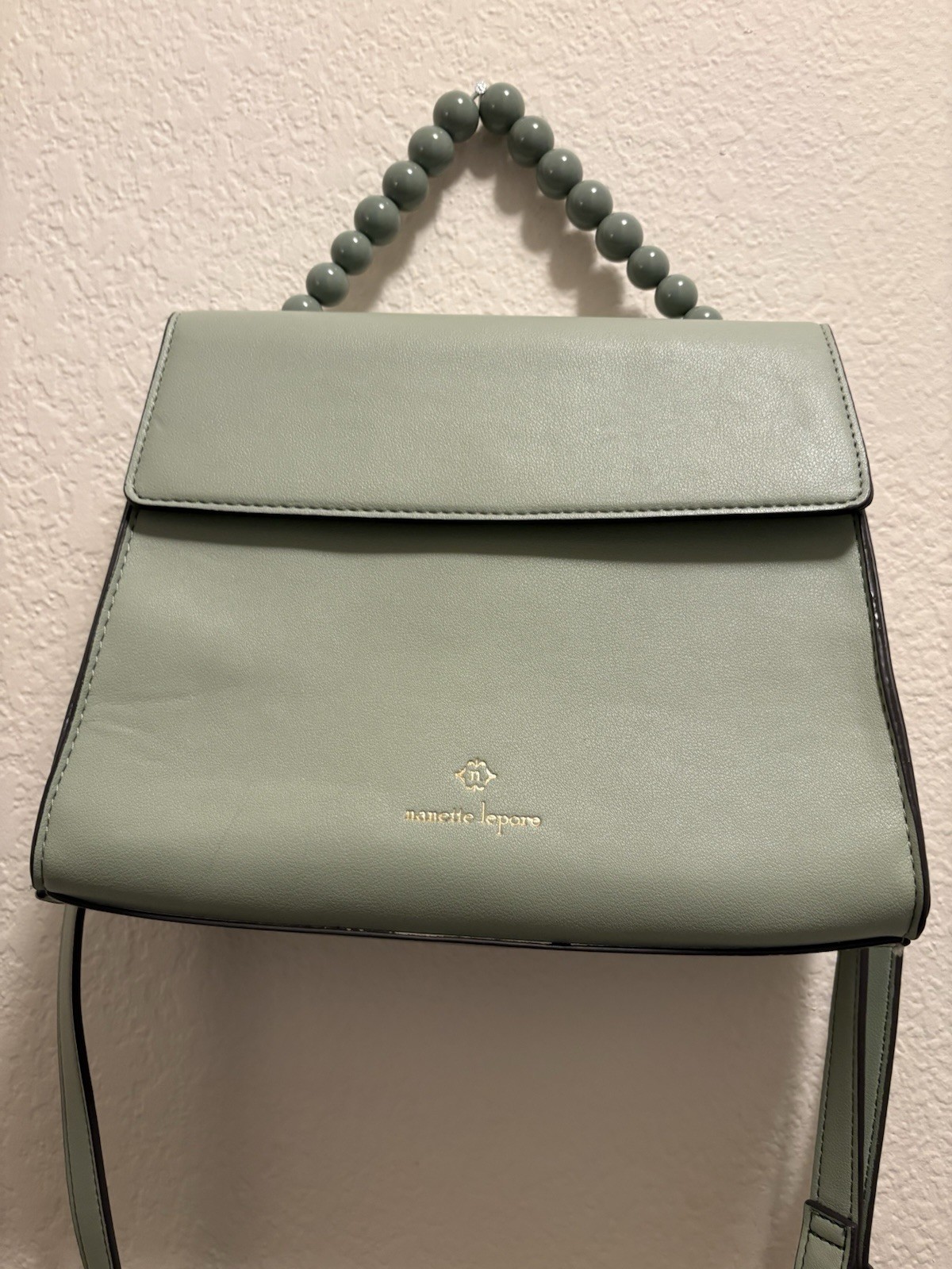 Nanette Lepore Sea Foam Green Beaded Handle Crossbody Satchel Vegan Leather