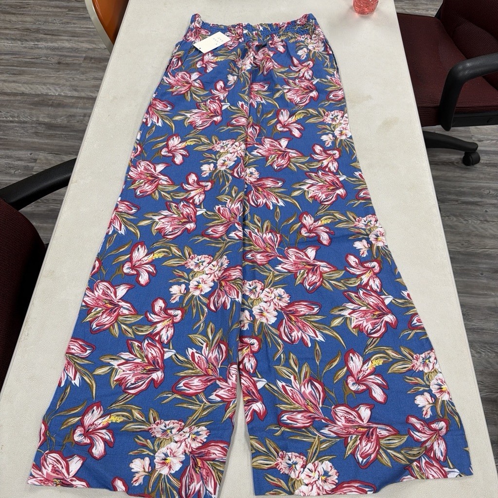 Women’s Blue Floral Wide-Leg Pants Pink White Green, Size S Long Regular