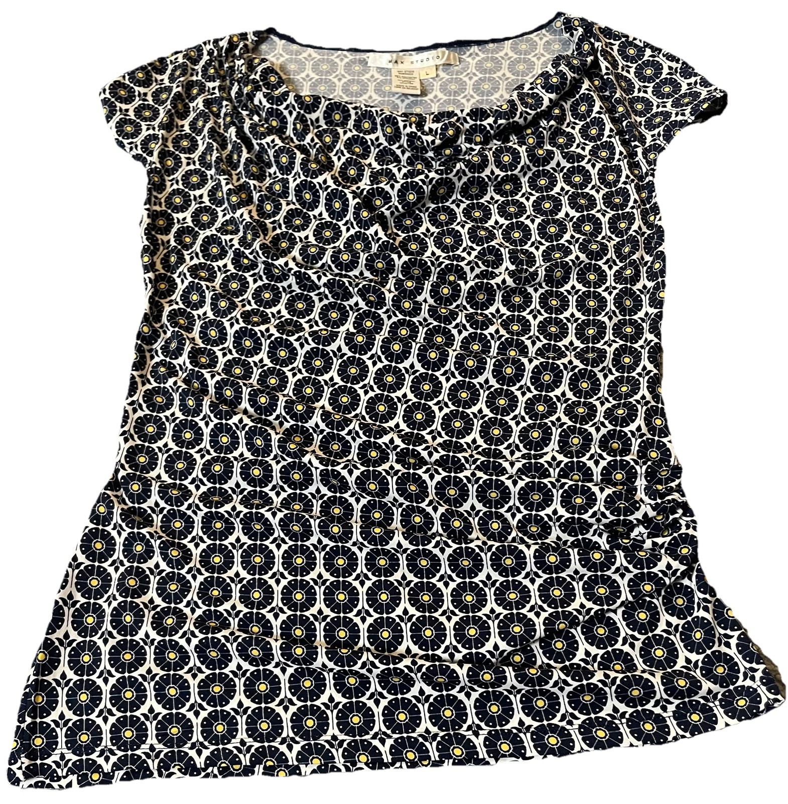 Max Studio floral Cowl Neck Blouse Sz L Black Side Ruched Pullover Career City