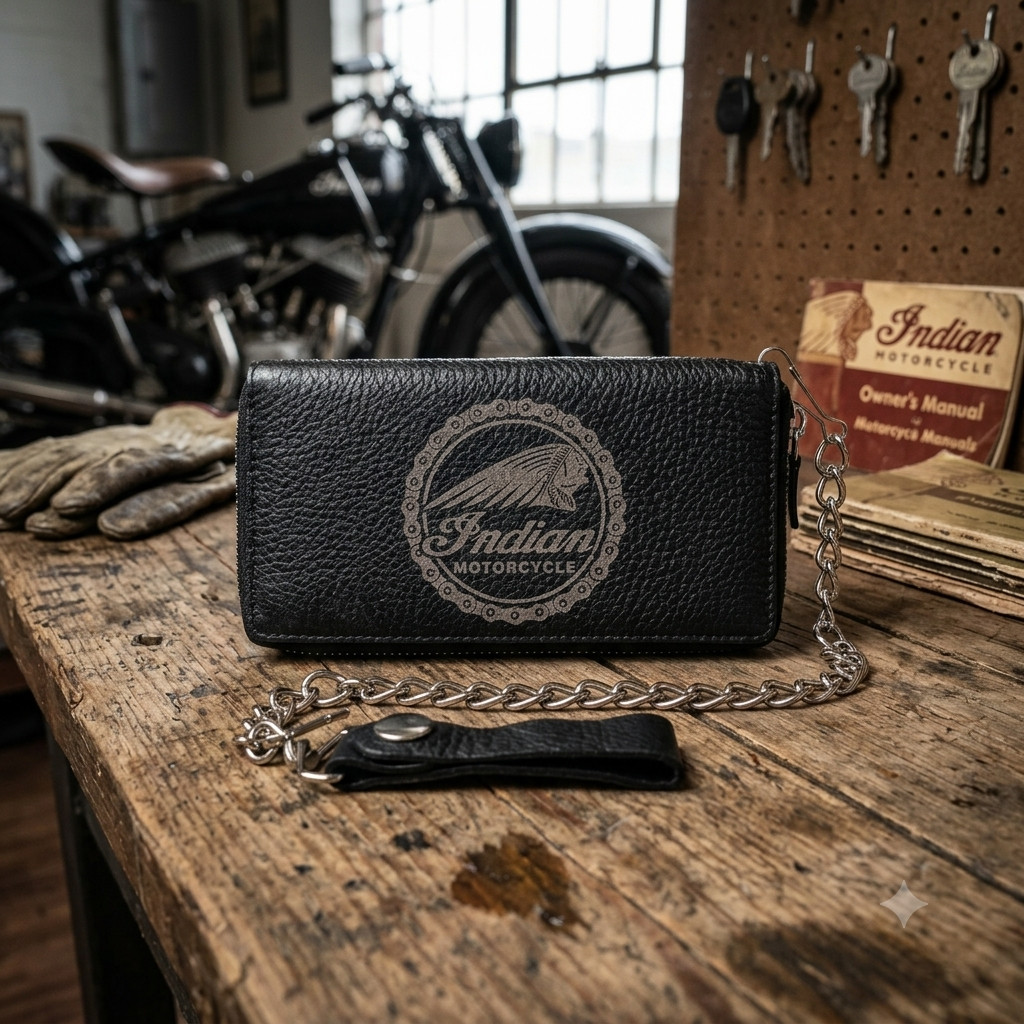 Indian Motorcycle Genuine Leather Biker All Over Zipper Bi-Fold Wallet W/ Chain