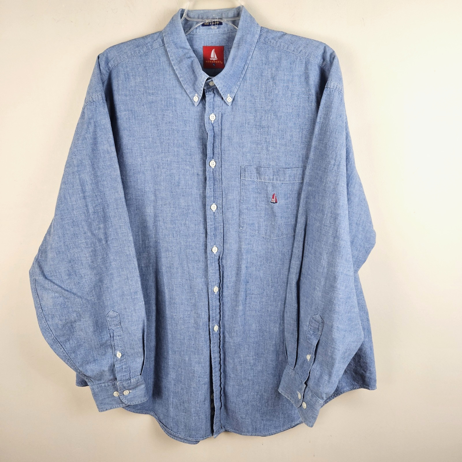 Vtg Norsport Denim/Chambray Shirt XL Yacht Sailboat Retro Preppy Logo Embroider