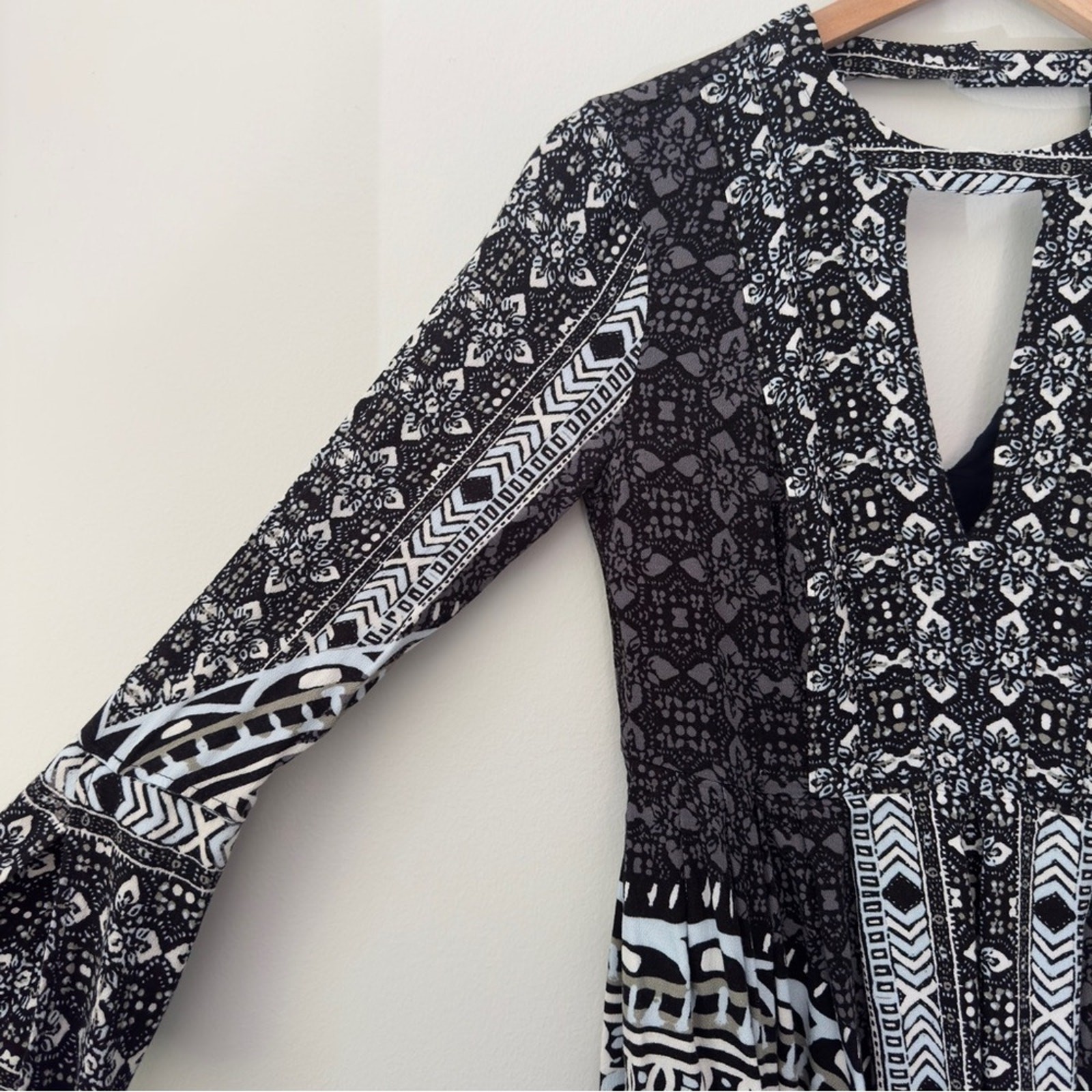 Free People Tegan Border Print Mini Dress Long Bell Sleeves Cutout V-Neck A-Line