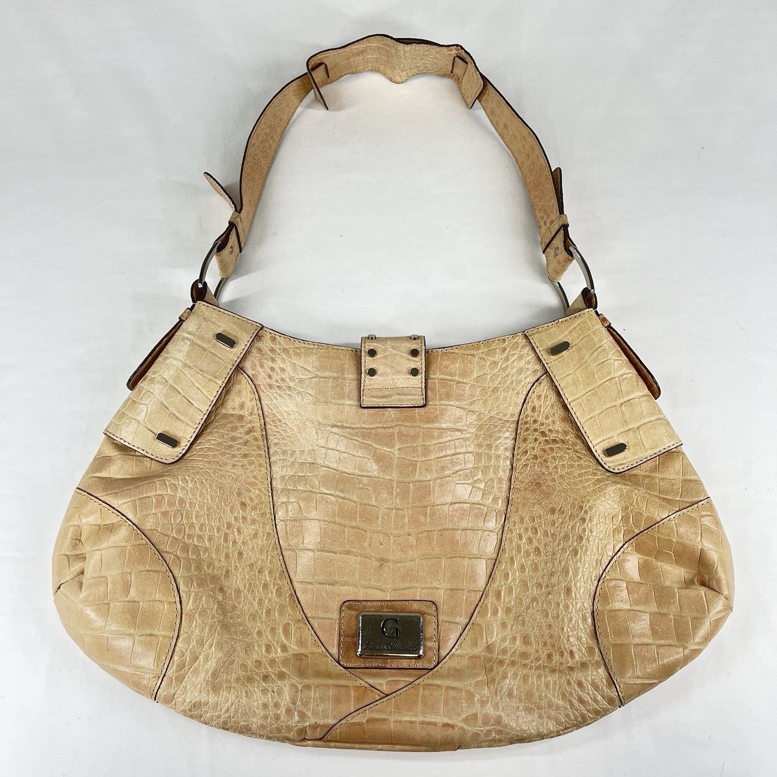 Vintage GUESS Y2K Beige Croc Embossed Logo Hobo Bag Studded Rhinestone Buckle