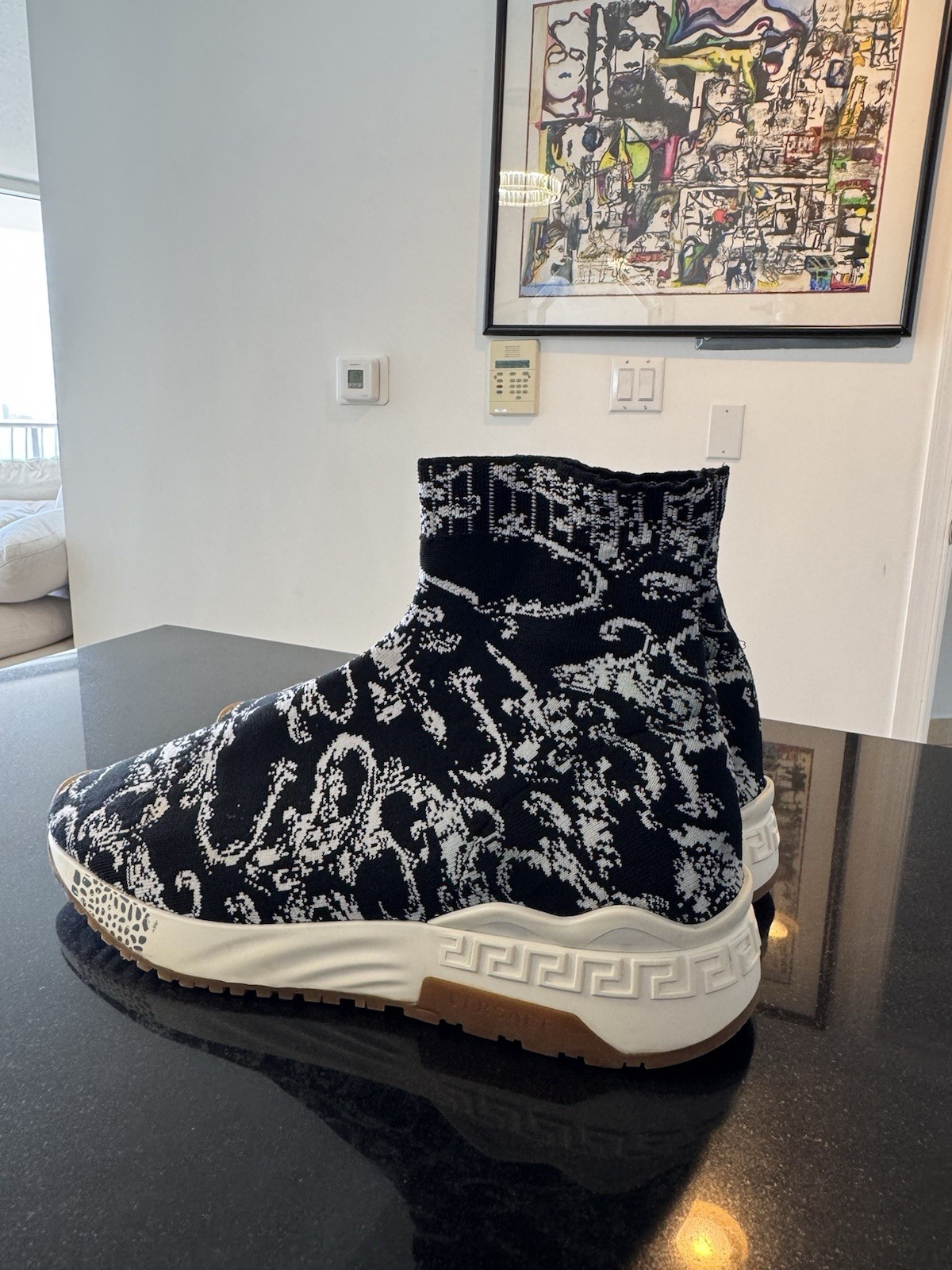 Versace Sock Sneakers Pull On Black White Logo Knitted Fabric Casual Shoes Men