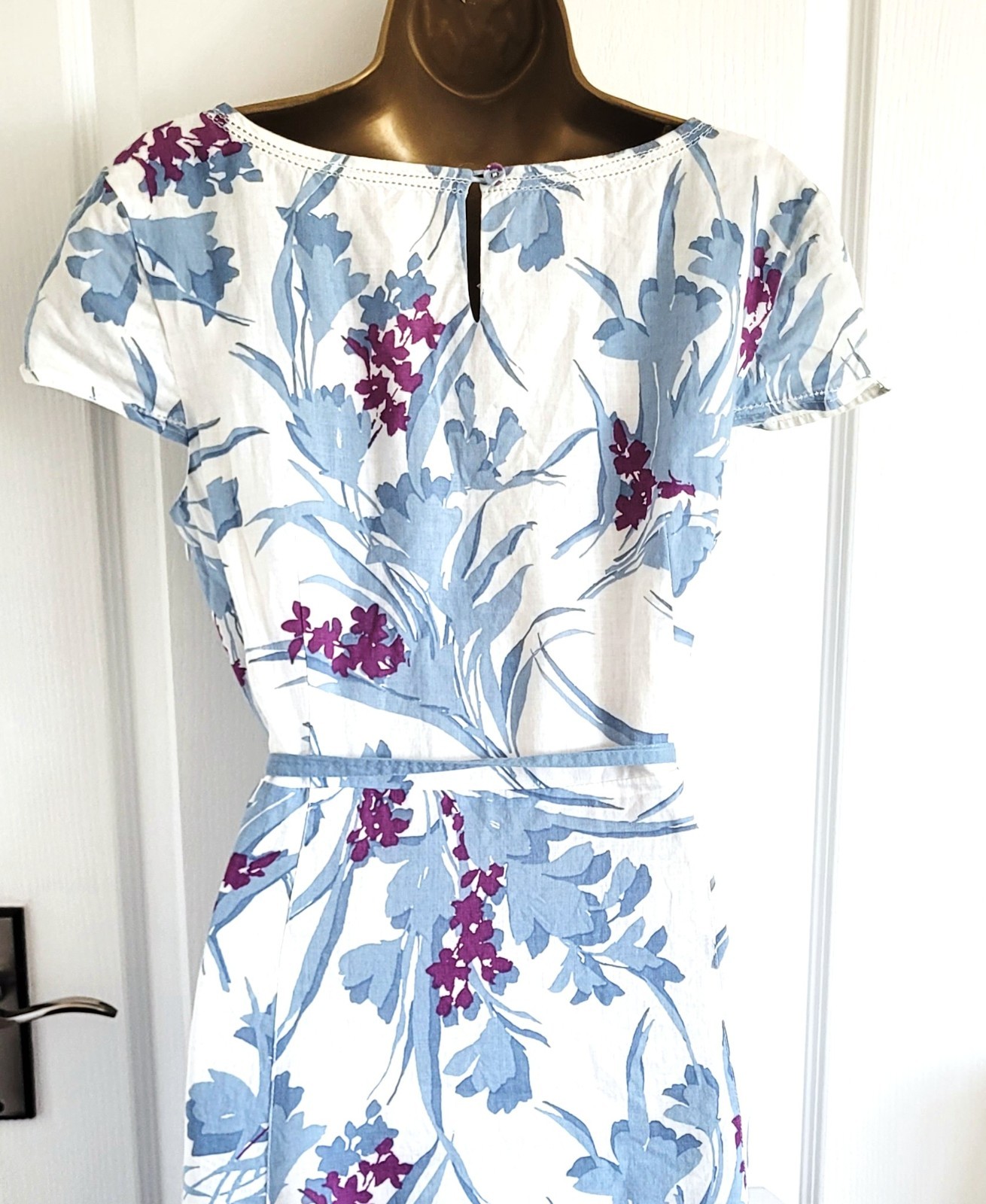 MONSOON WHITBY White Blue Floral Print Ramie Cotton Mix Fit & Flare Dress UK 20