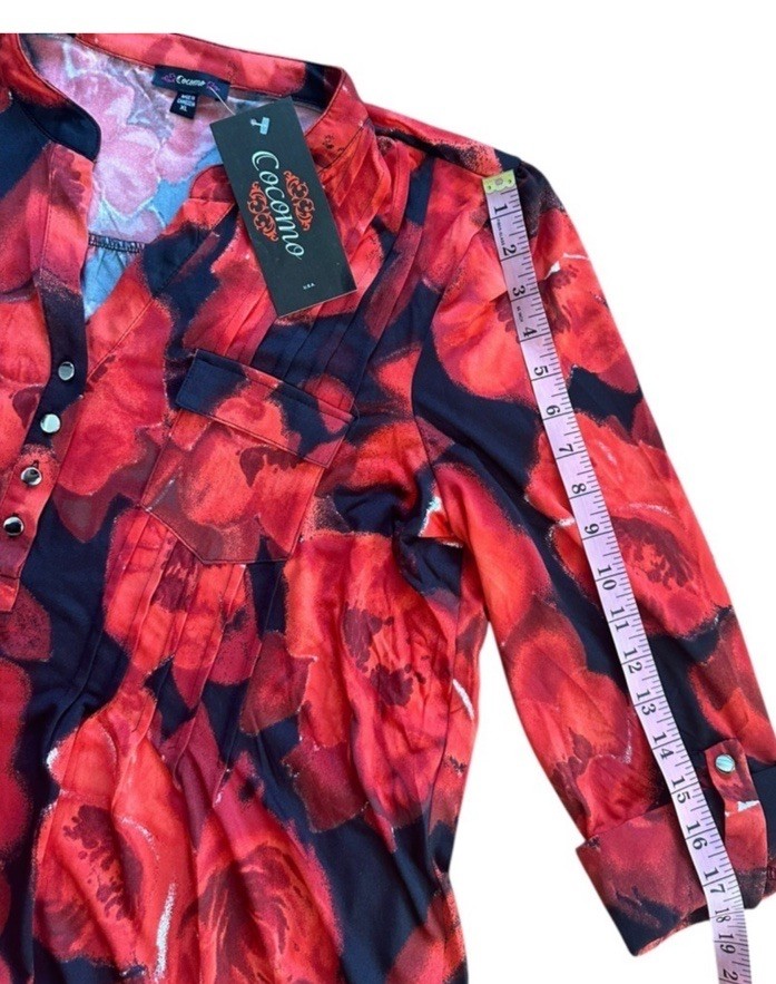 COCOMO XL Orange Red Black 3/4 sleeve women’s Pintuck Blouse Tunic shirt