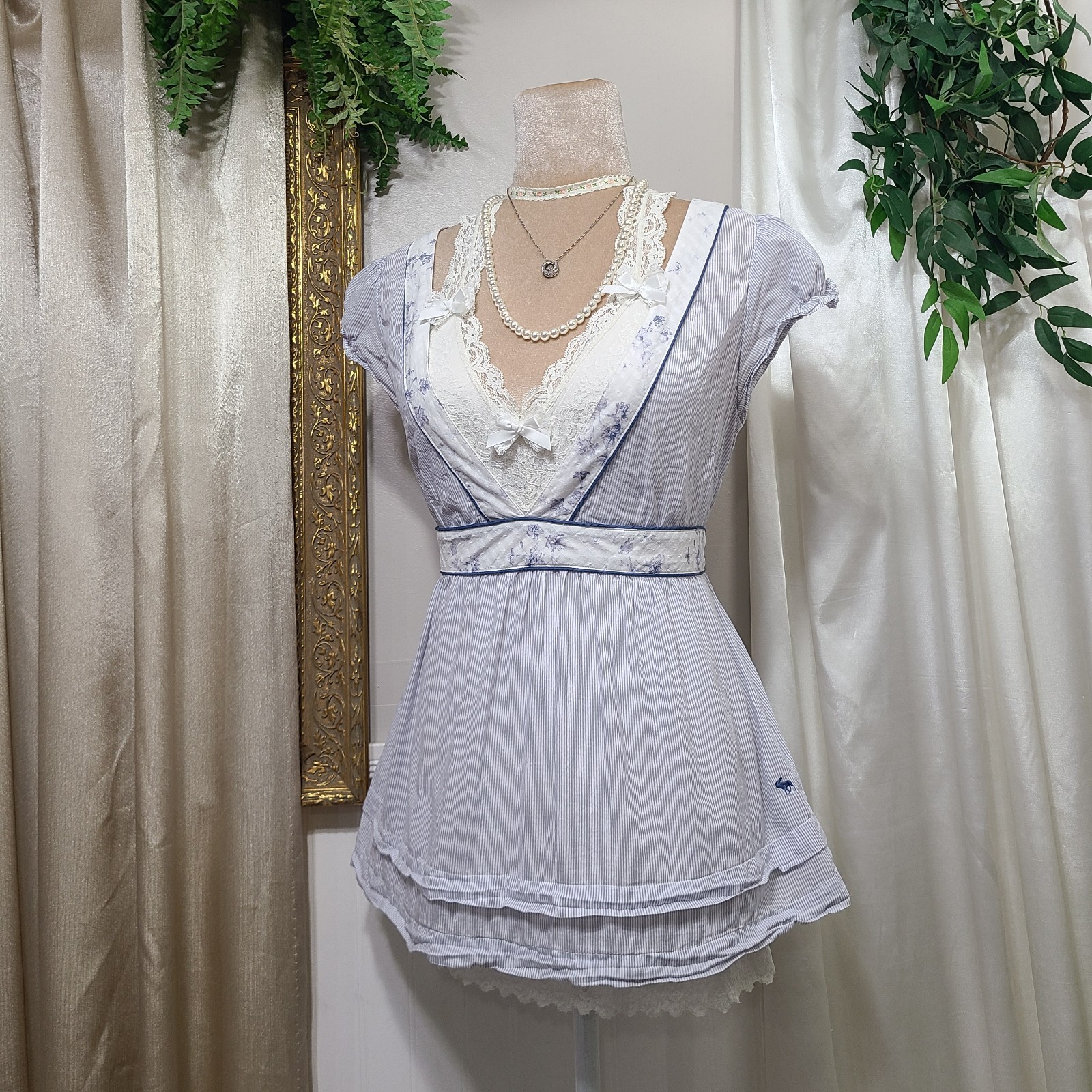 ♡ Y2K ♡ Abercrombie Cotton Striped Floral Babydoll Tie Back Cottagecore Top Rare