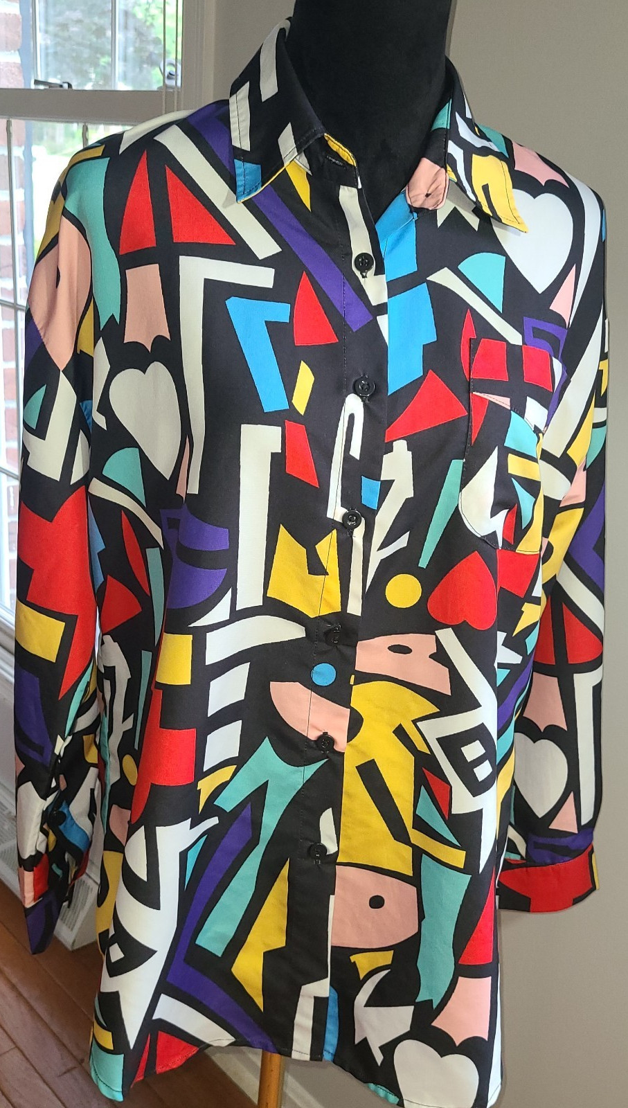 Retro Pop Art 90’s Button Up Y2K Geo Print Colorful Med Top