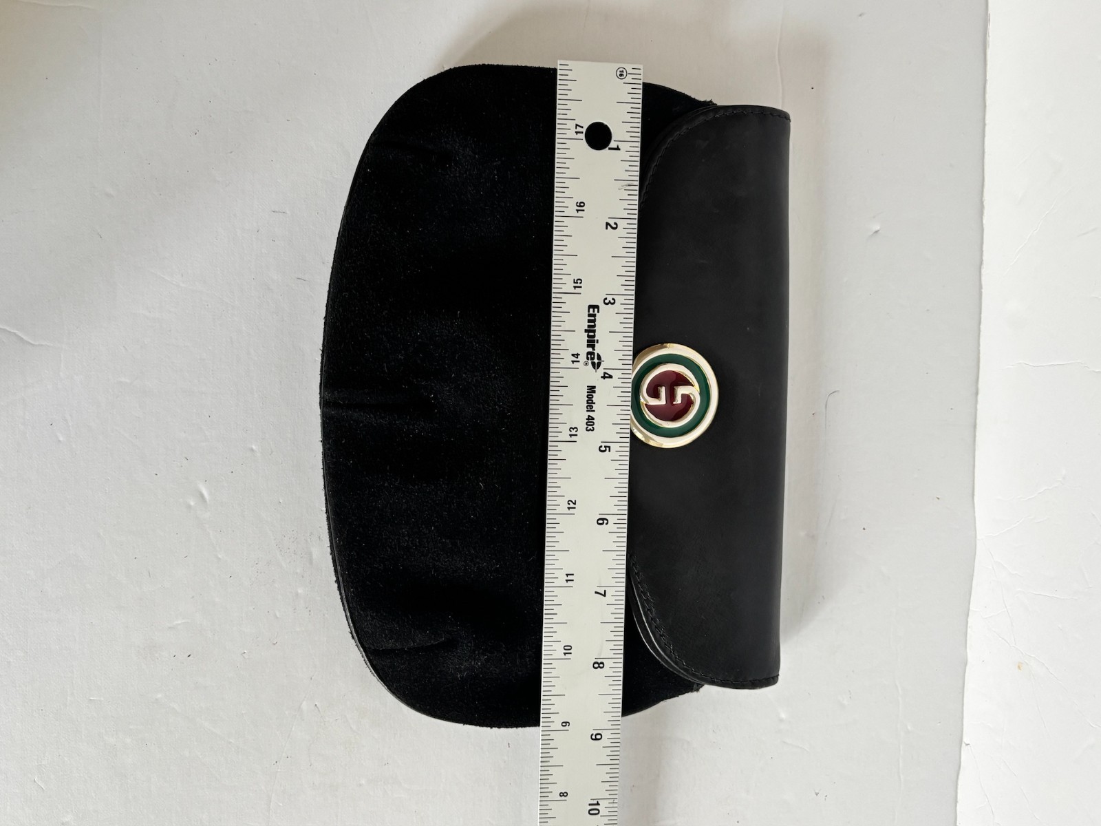Vintage Gucci Black Suede Leather Clutch Enamel GG Logo Original Box