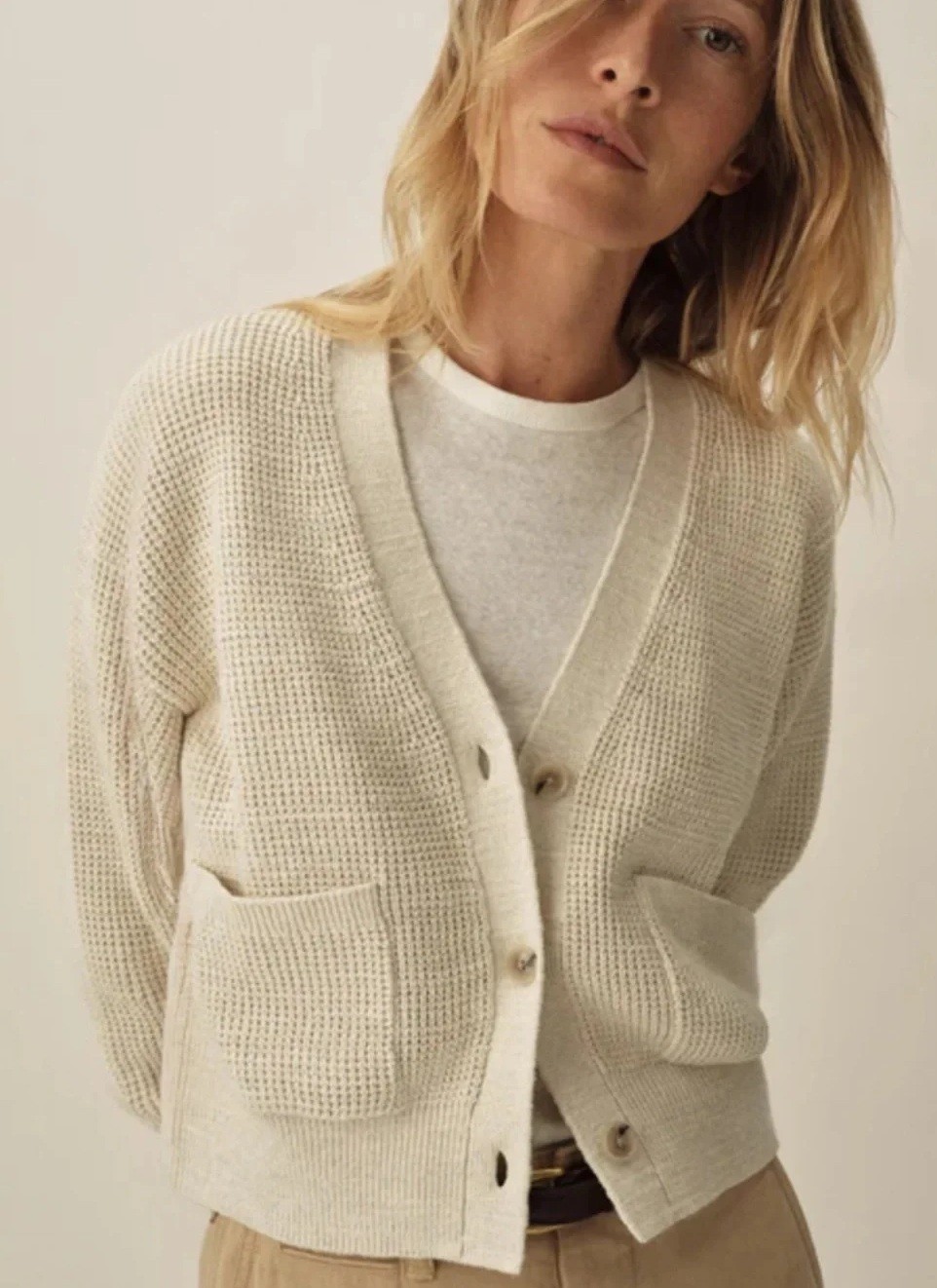 Buck Mason $238 Seafarer Cotton Cropped Cardigan in Marled Sand; M