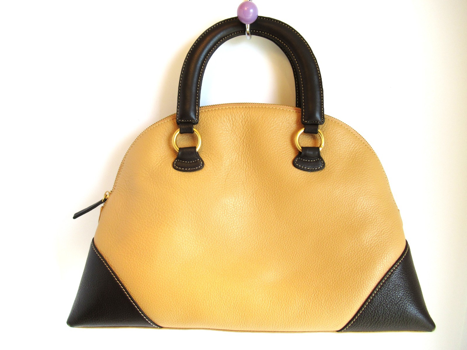 Celsius Large Leather Handbag/Purse Black and Tan Gold Tone Metal Hardware