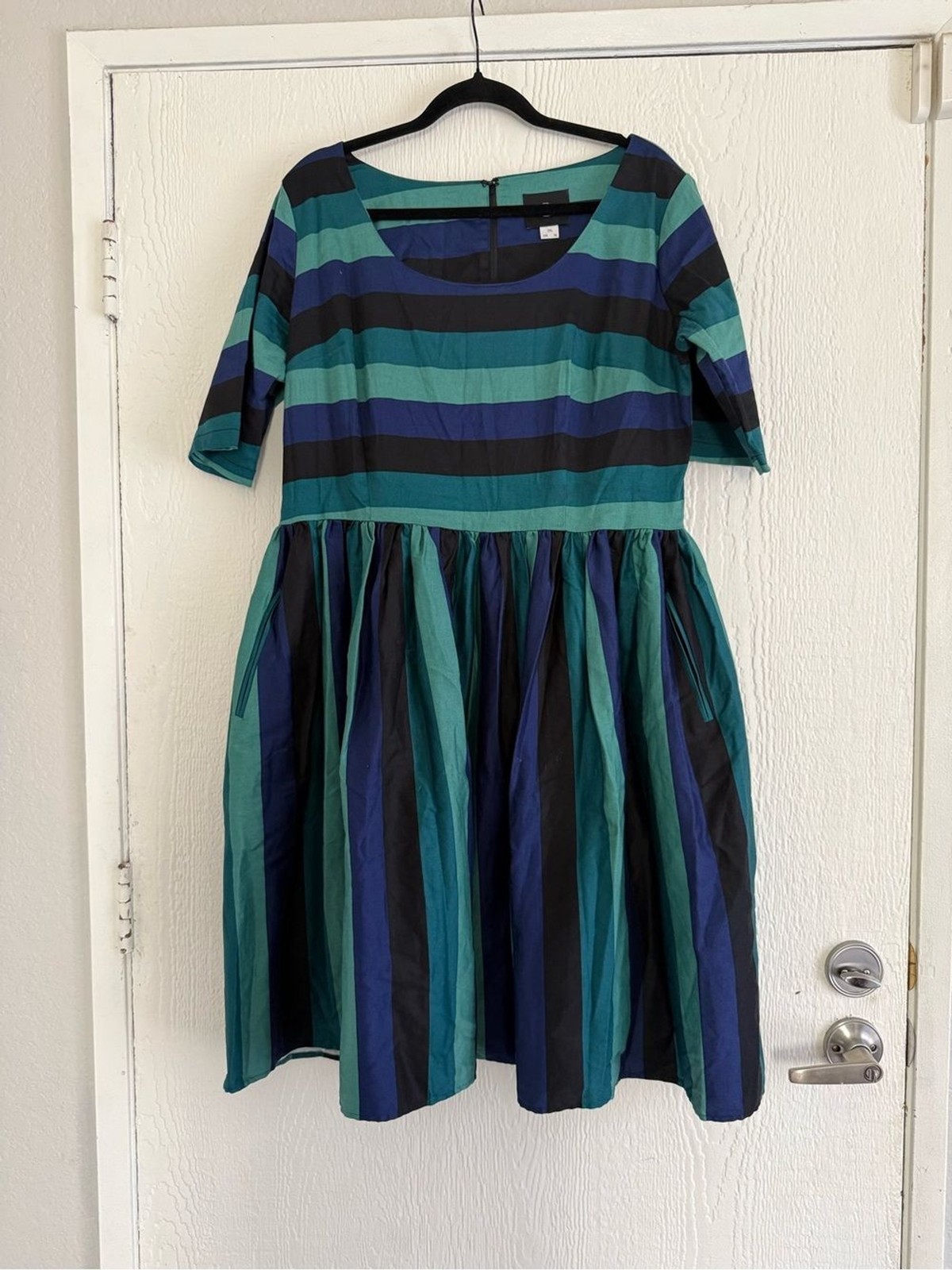 Collectif Teal, Navy & Black Striped Fit & Flare Dress. Size XL