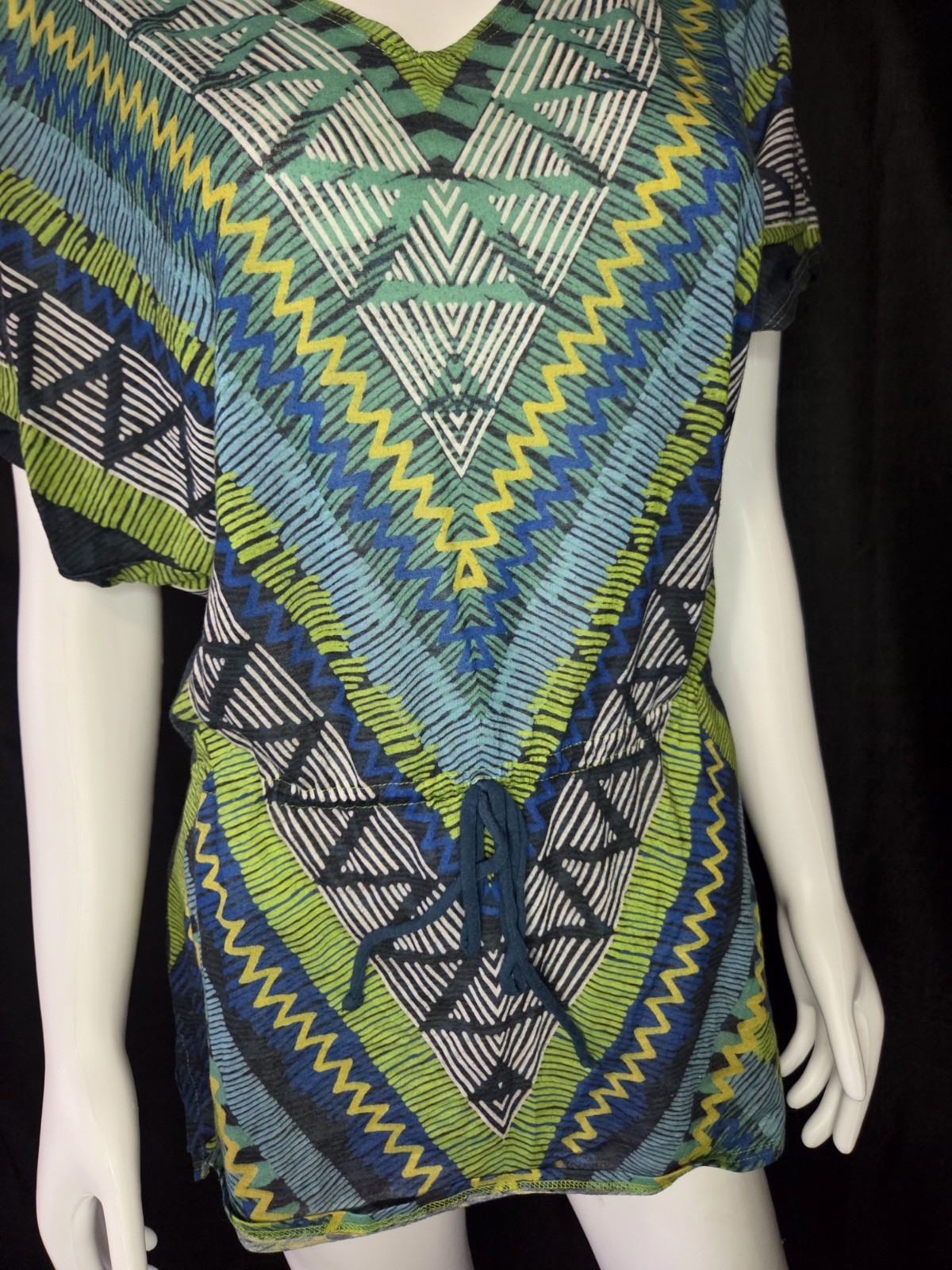 prAna Saida Kaftan Tunic Cover Up Green Teal Aztec Geometric Tissue Jersey S