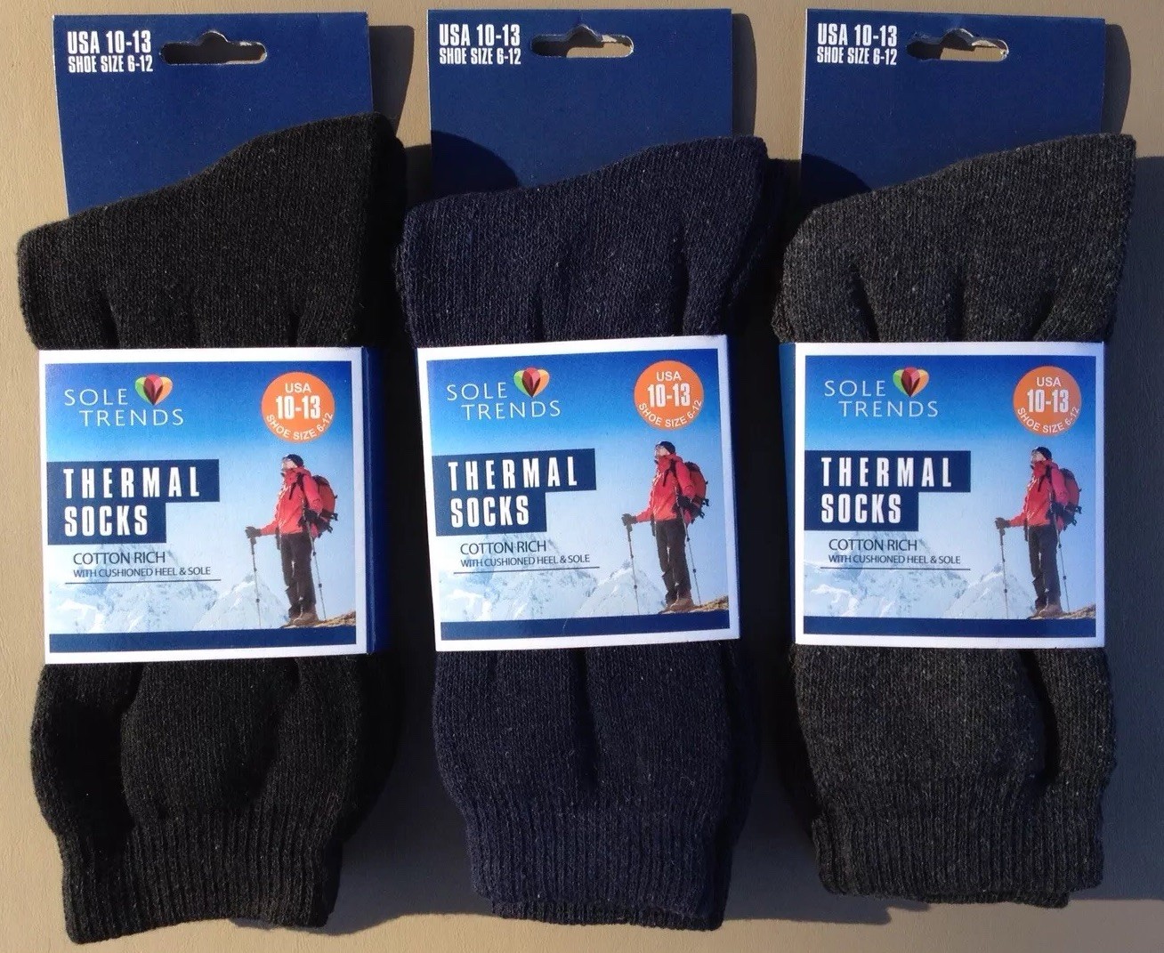 3x Mens SOLE TRENDS Cotton Rich Thermal Crew Socks Black/Gray/Navy~Size 10-13