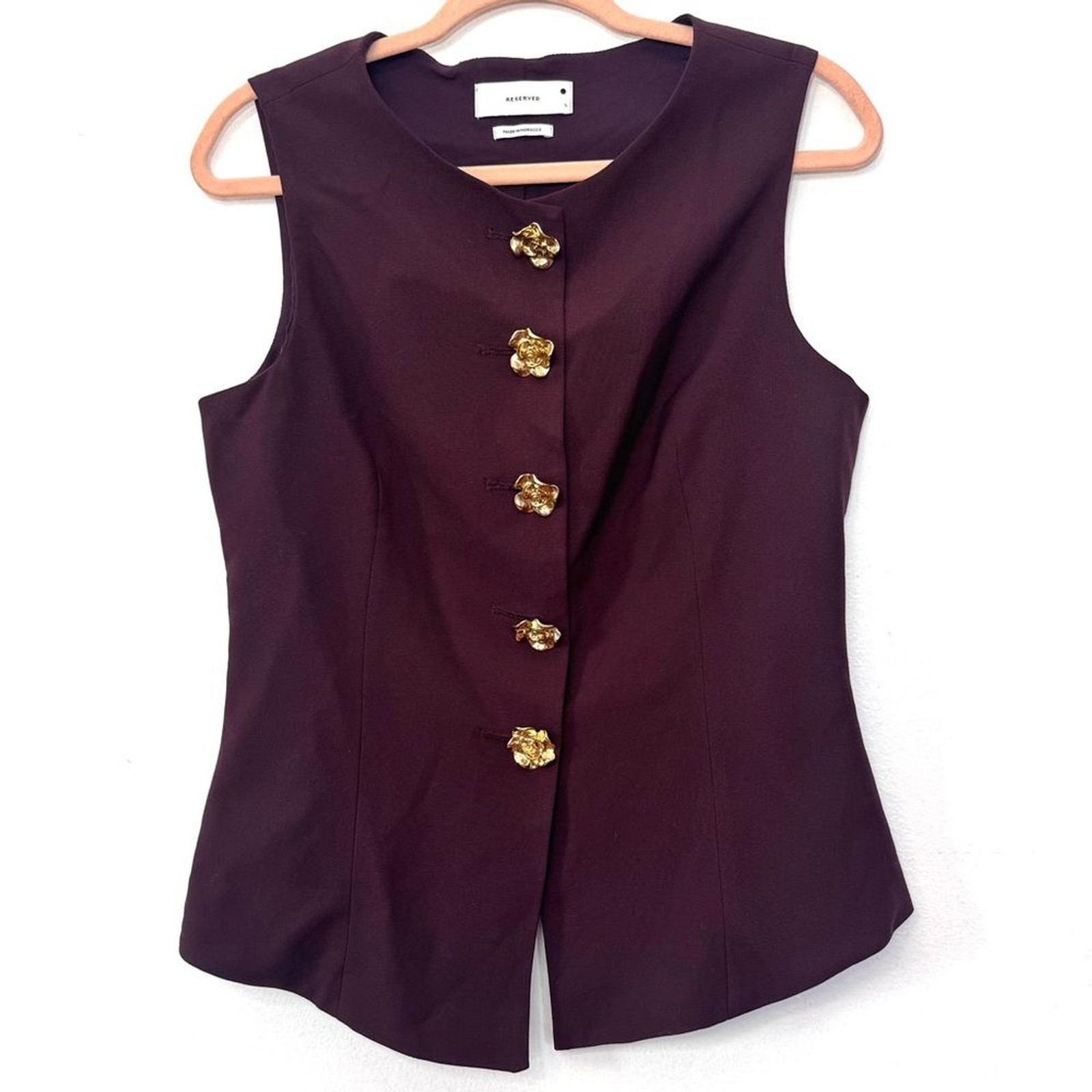 Reserved Burgundy Sleeveless Blouse Vest with Gold Accents Sz L