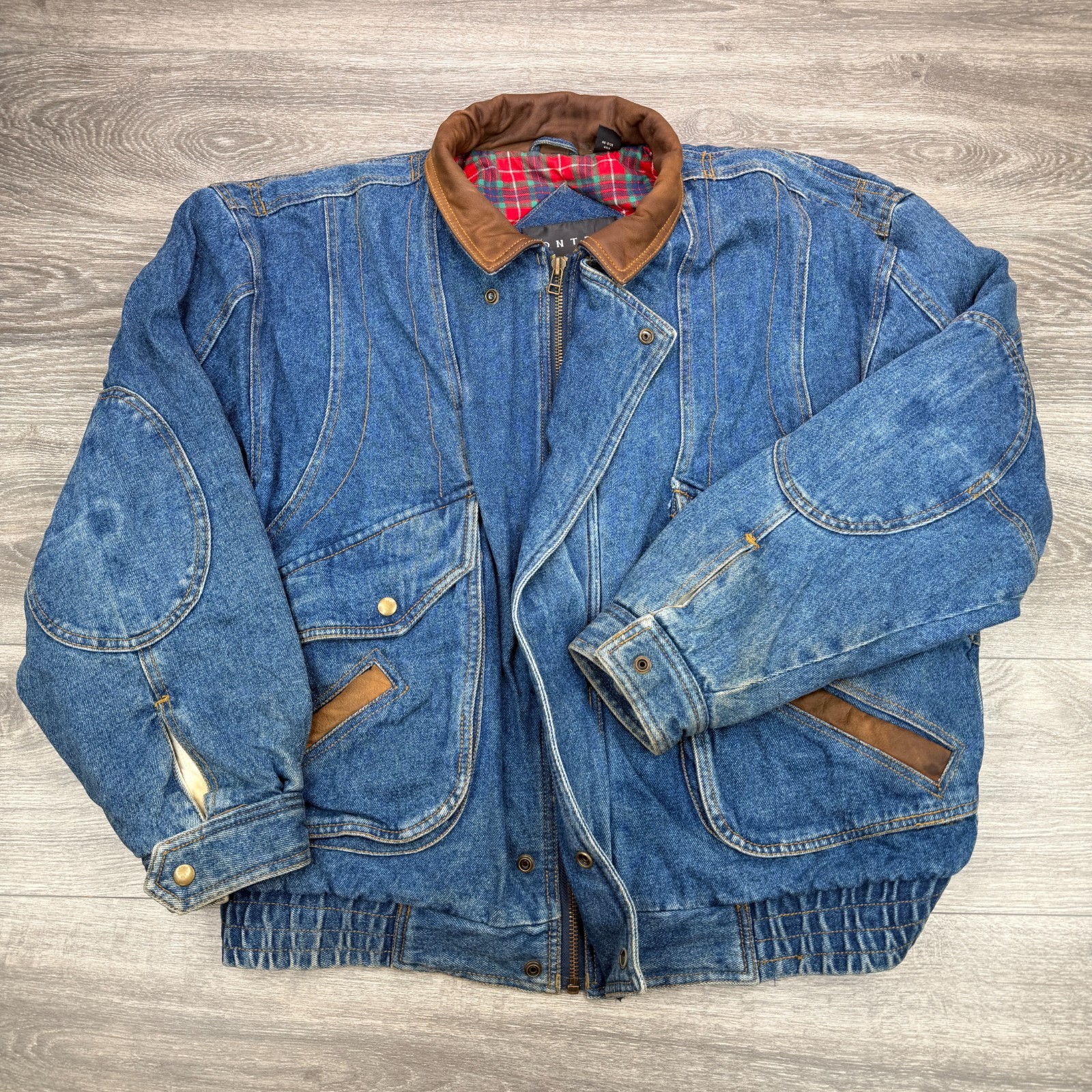 Vintage Denim Bomber Jacket Mens Large Blue Plaid Elbow Patch Leather Collar 90s