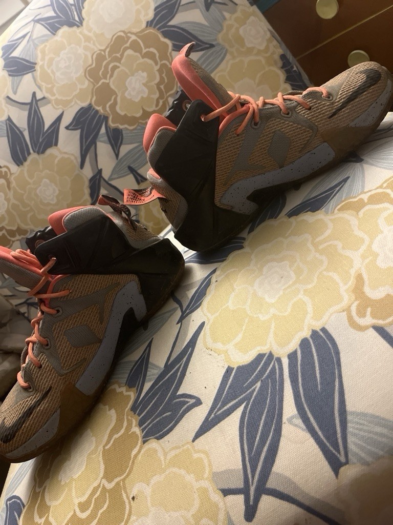 Nike LeBron 12 Mid Top Lace Up Athletic Sneakers Beige Orange Black Unisex