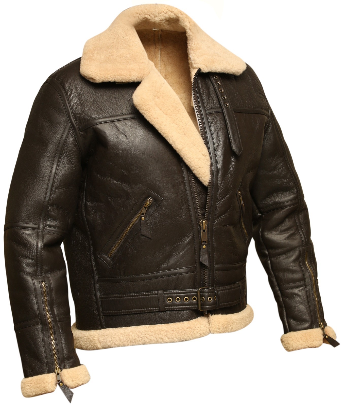 B3 RAF Aviator Brown Bomber Real Shearling Sheepskin Leather Flight Jacket