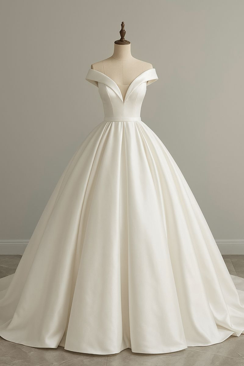 Classic Wedding Dresses Off The Shoulder Satin A Line Sweep Train Bridal Gown