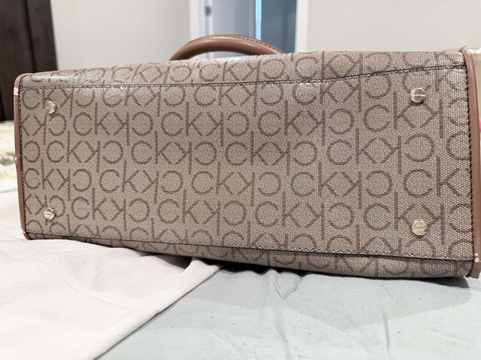 Calvin Klein Beige Logo Satchel Top Handle Bag with Double Handles