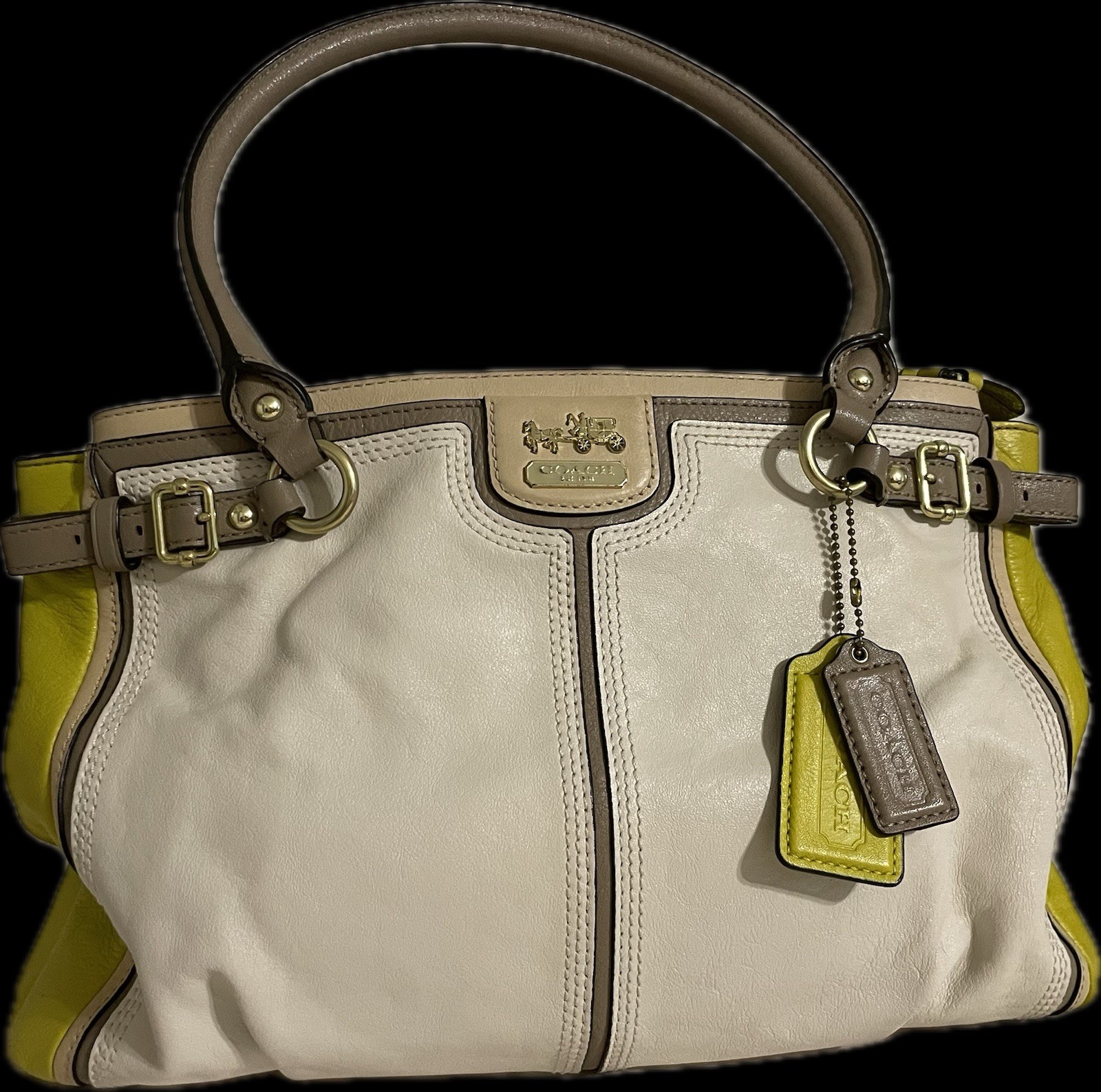 Coach Madison Colorblock Kara Carryall Satchel Parchment and Kiwi Gold Hardware