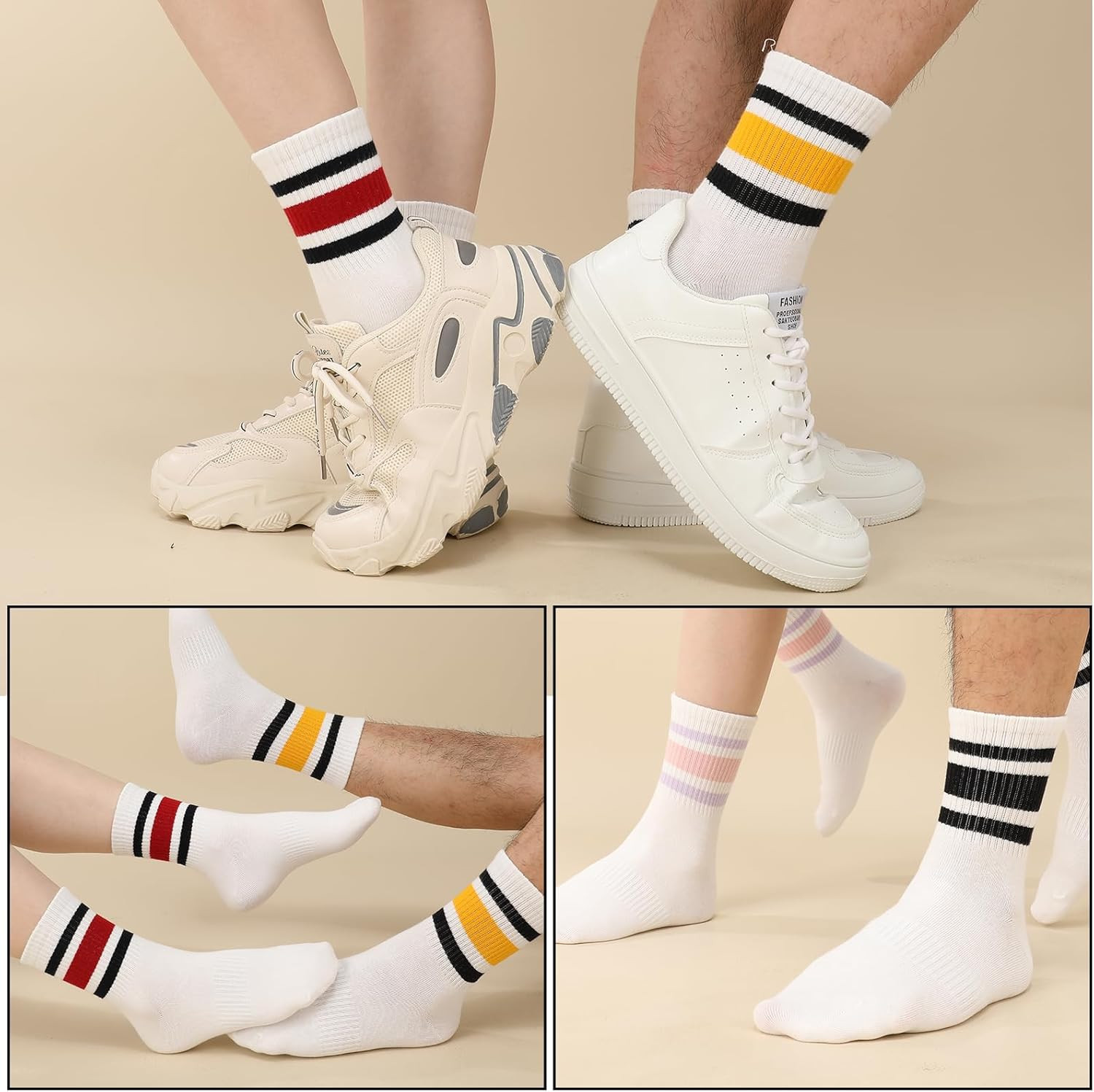 6 Pairs Retro Stripe Tube Socks Classic Athletic Sport Running Crew Casual Cotto