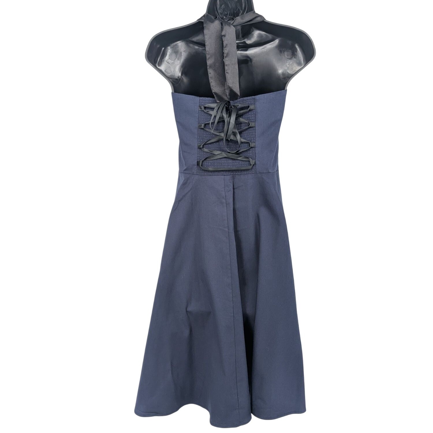 Halter Fit Flare Dress Smocked Back Lace Up Stretch Retro Rockabilly 50s XLarge