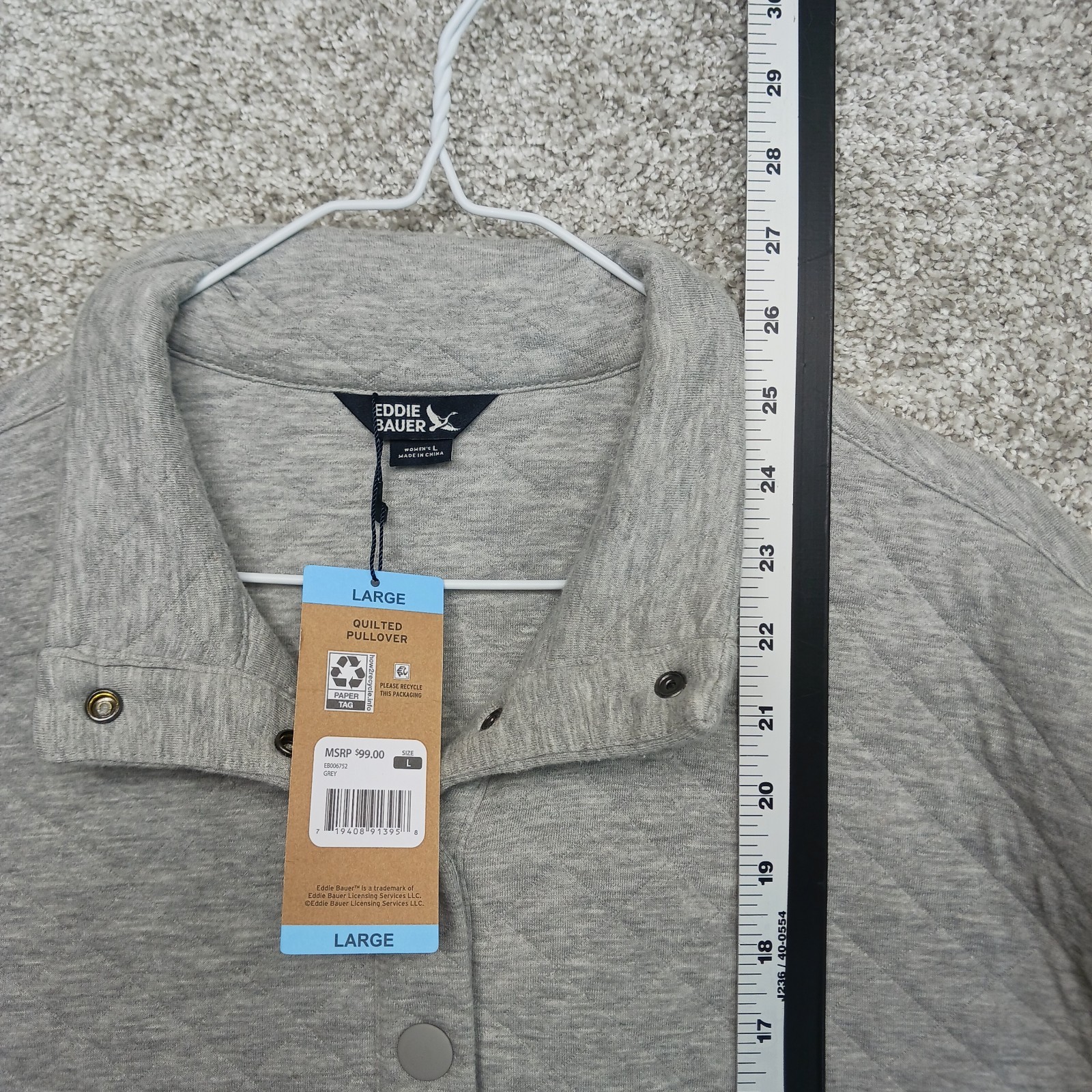 NWT Eddie Bauer Womens L Gray Quilted Kangaroo Pocket Pullover Large MSRP $99.00