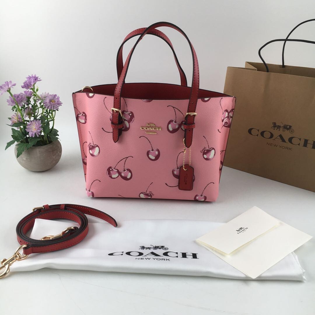 COACH CR293 Mollie Tote 25 2way Shoulder Bag Canvas Leather Cherry Pink Outlet