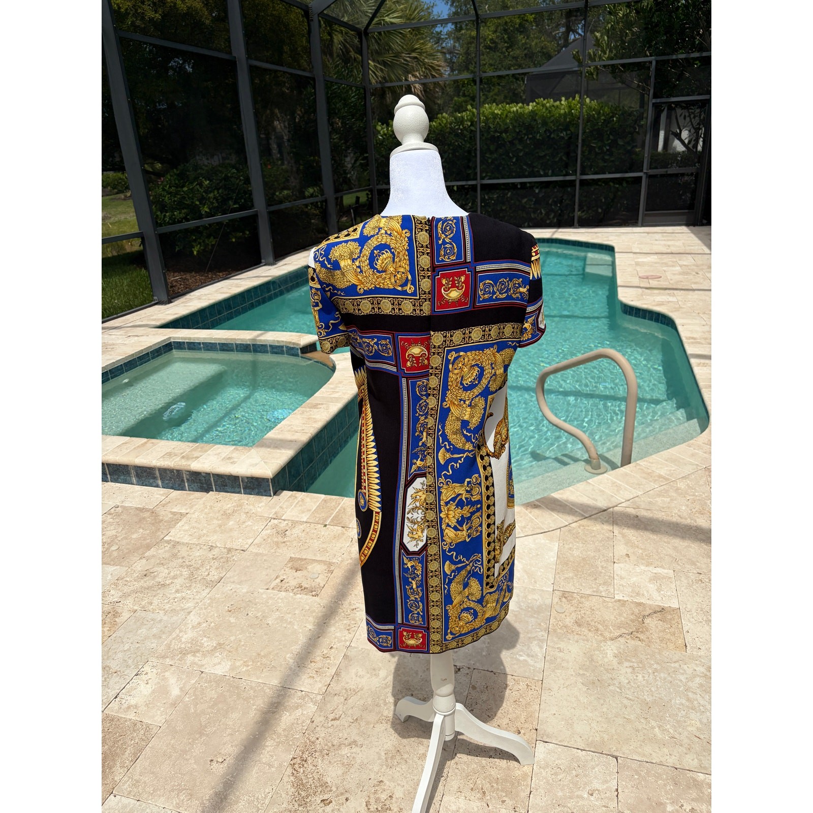 Versace Jeans Couture Blue Gold Black Baroque Print Shift Mini Dress IT 46