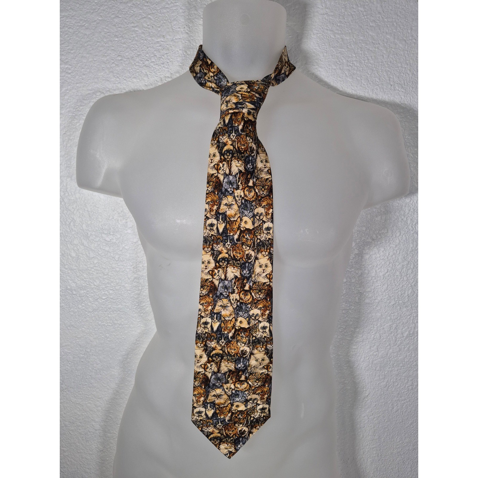 Museum Artifacts Mens Silk Tie All Over Cat Print Feline Collage Handmade Brown