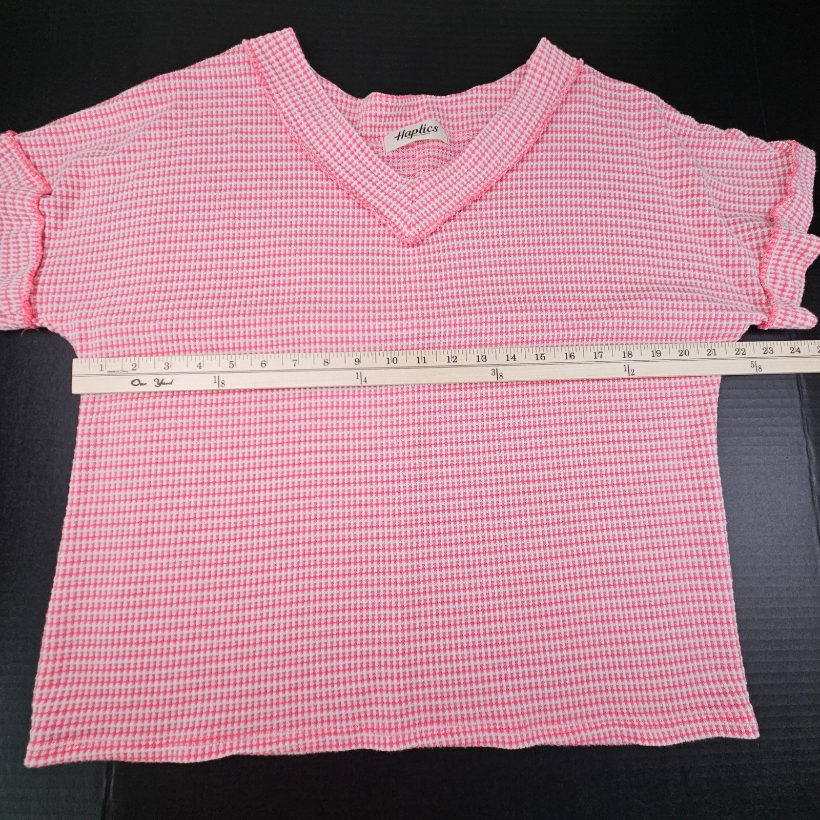 Haptics by Holly Harper Pink Jacquard Gingham V-Neck Top Short Sleeve Loungewear