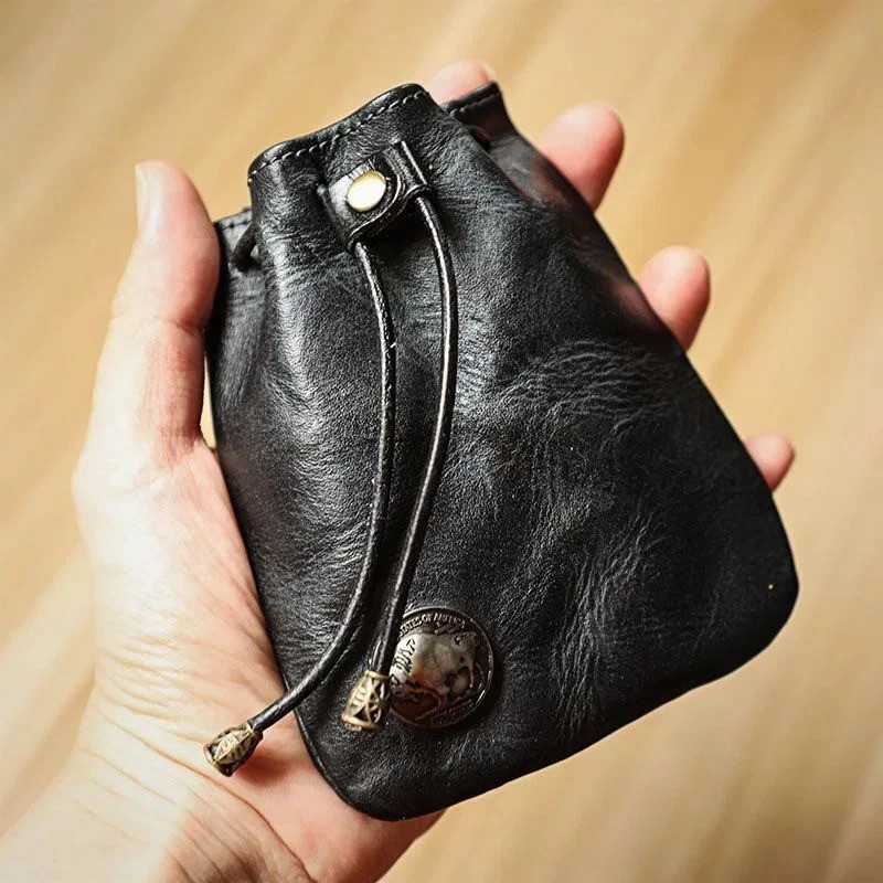 Leather Drawstring Coin Pouch Wallet Small Purse Case for Men & Women