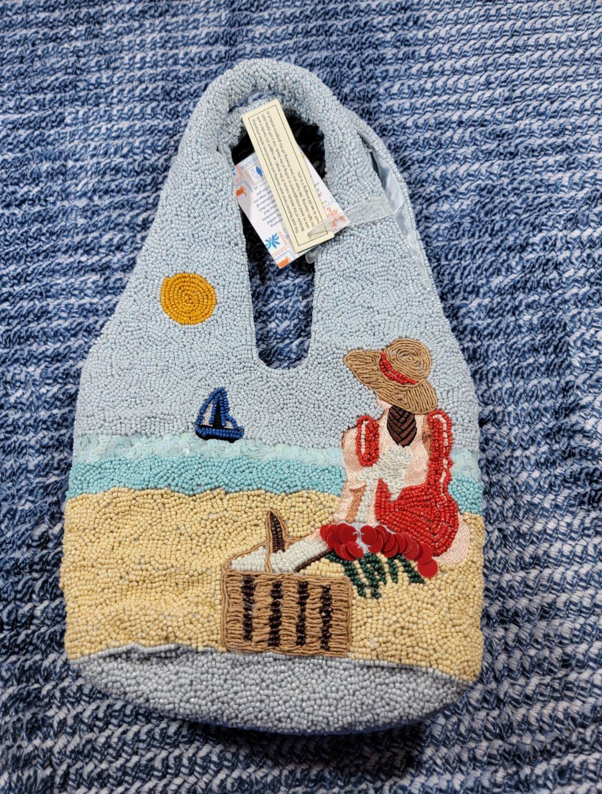 Women’s Medium Crescent Shoulder Bag Top Handle Beach Blue/Beige Beaded Sequin