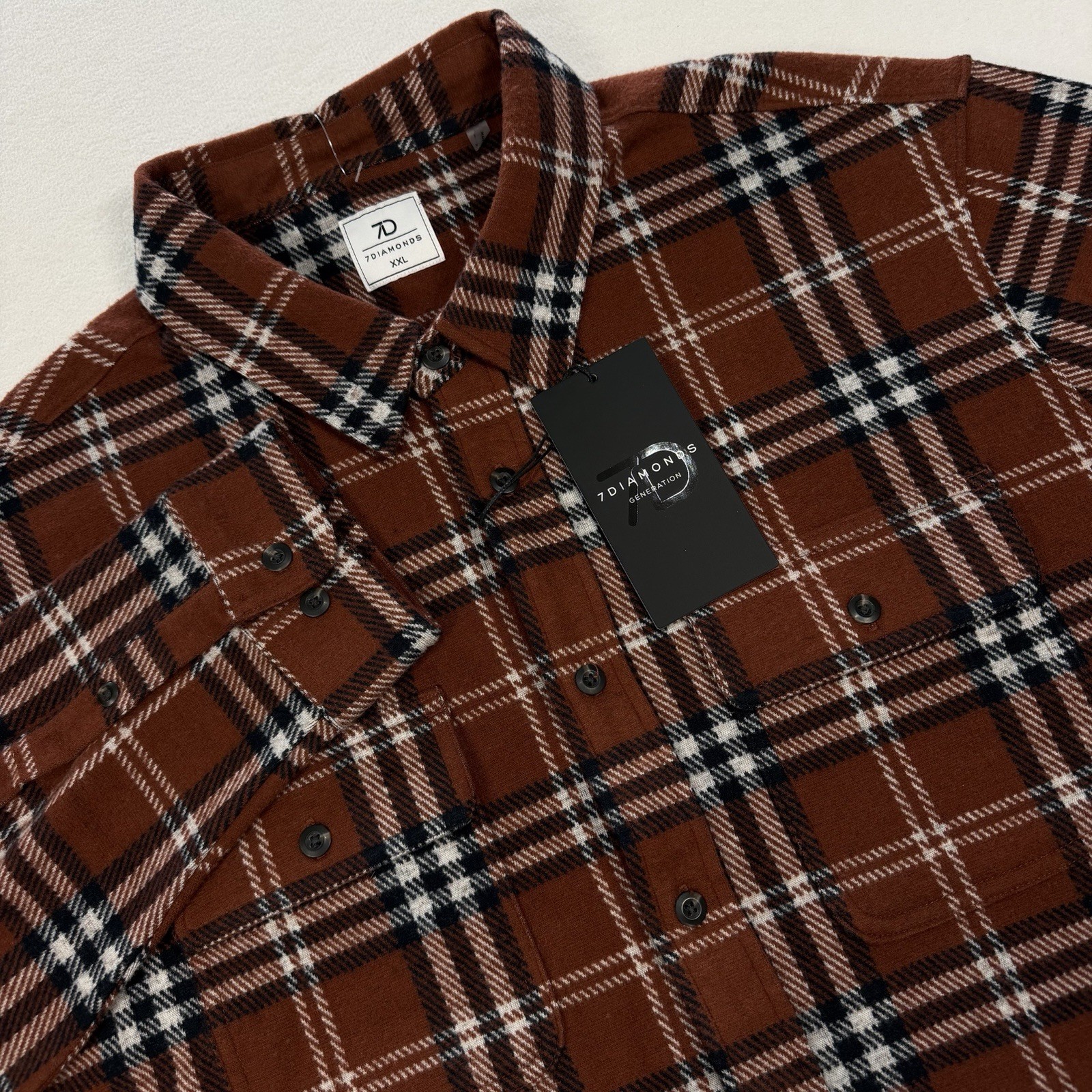 NWT 7 Diamonds Generation Soft Flannel Shirt Mens XXL Brown Plaid 4-Way Stretch