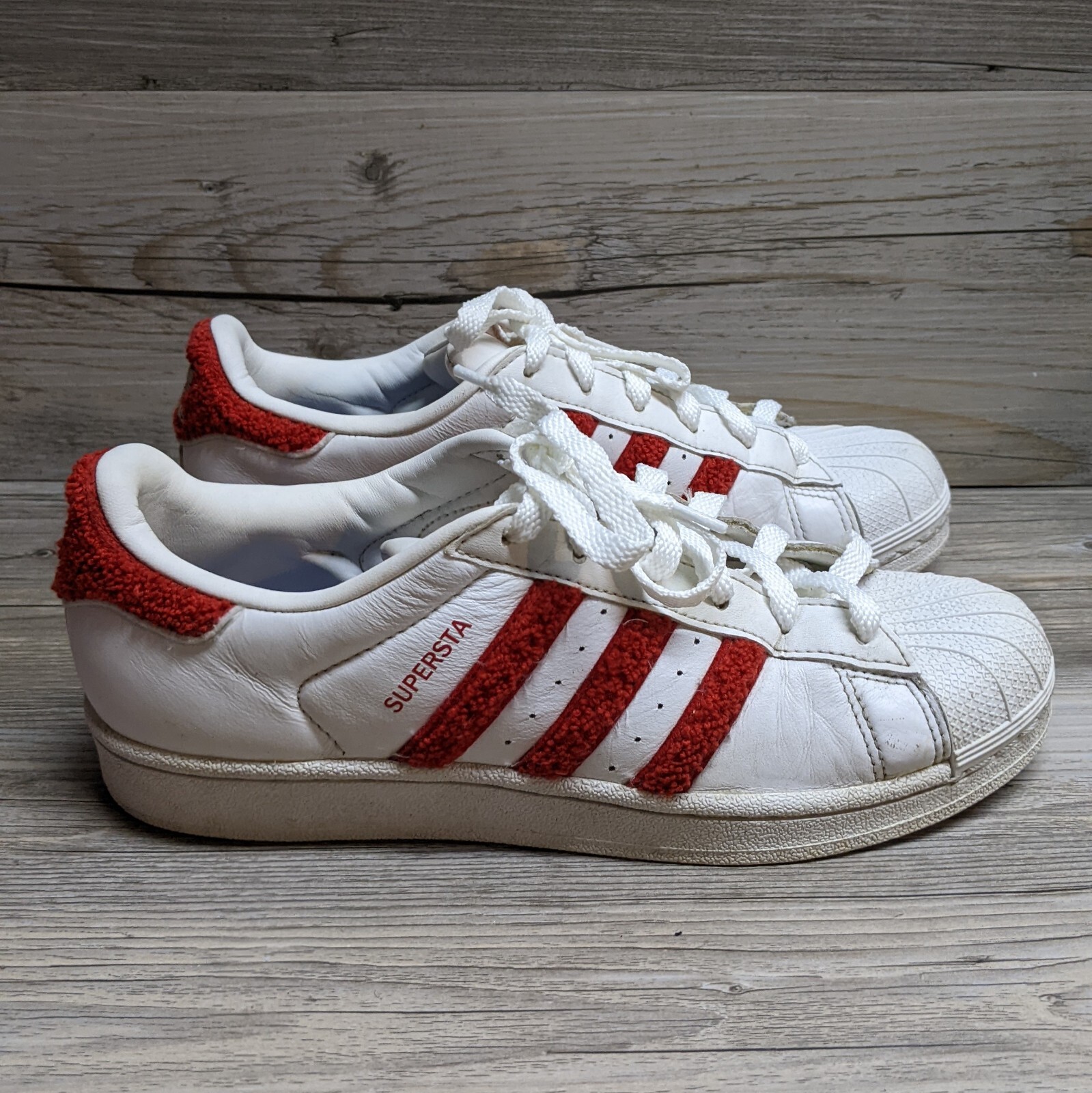 Adidas Womens Originals Superstar Sneakers # S76151 3 Stripe Red Terry Size 7.5