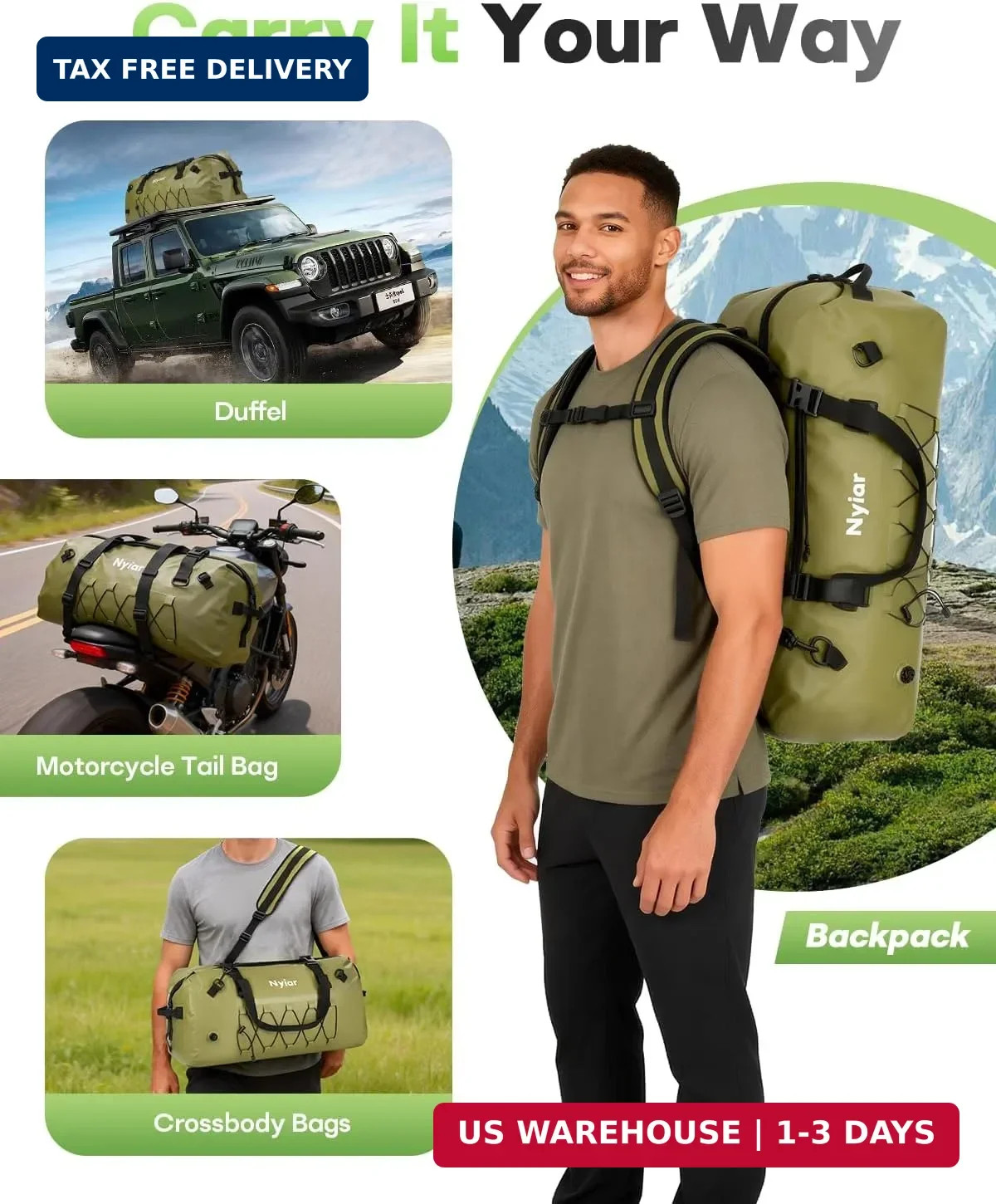 60L Waterproof Duffel Bag Motorcycle Dry Bag Backpack, Heavy-Duty Roll-Top Water